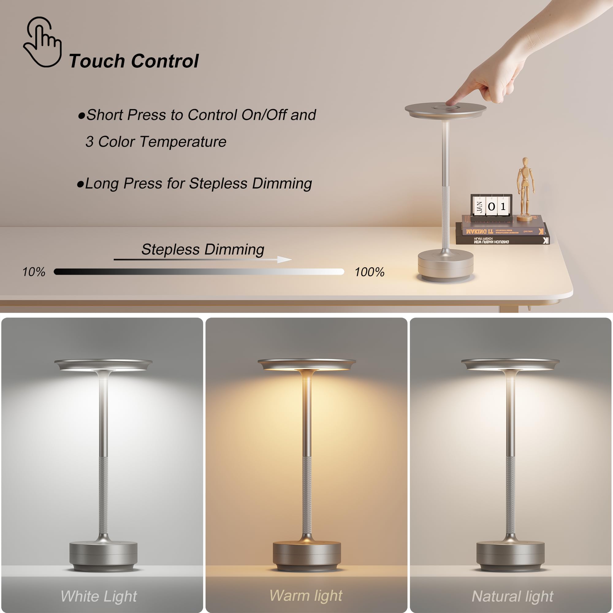 TBBGA Rechargeable Cordless Table Lamp - 5000mAh, 3 Color Dimming, Silver, Model T106C, Portable for Outdoor/Dinner/Patio/Restaurant