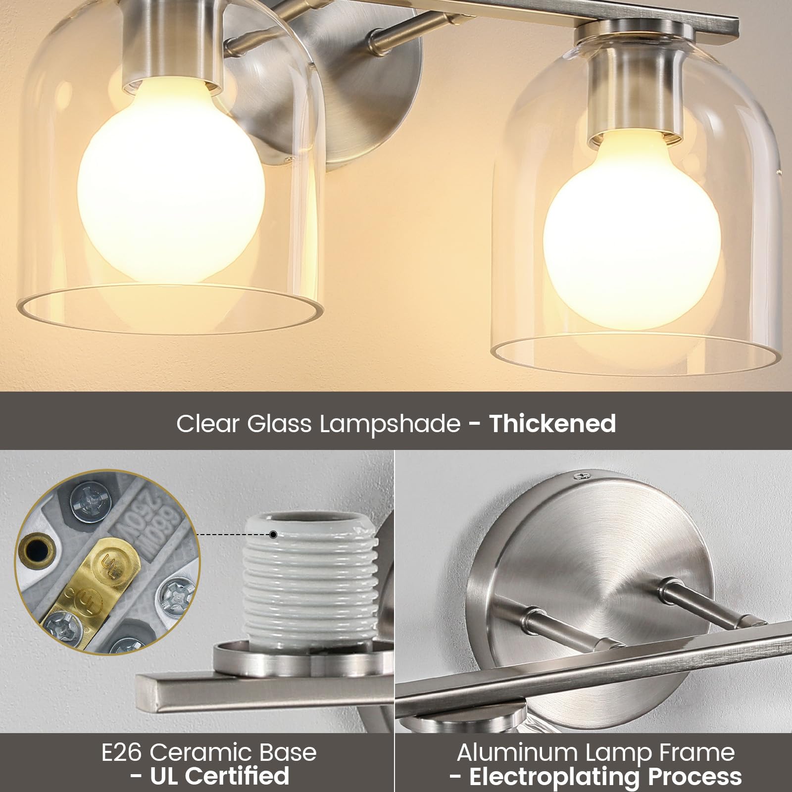 Woshitu Modern Brushed Nickel 14.2 Inch Bathroom Vanity Light Fixtures: 2 Light Sconces With Clear Glass Shade For Above Mirror,