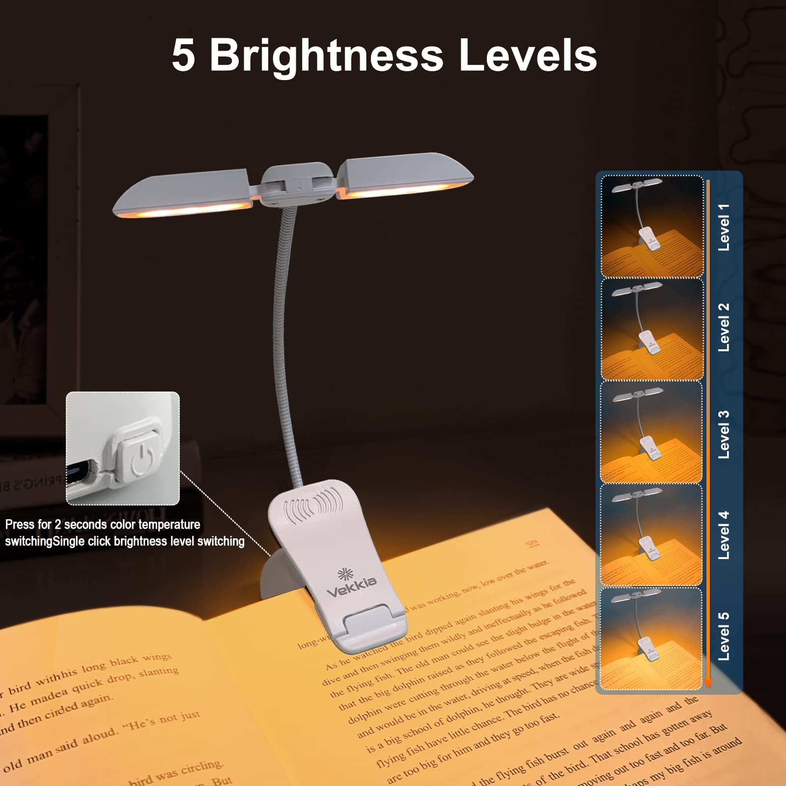 Vekkia 14 LED Rechargeable Book Light for Reading in Bed, Warm/Amber Reading Light with Clamp, 180