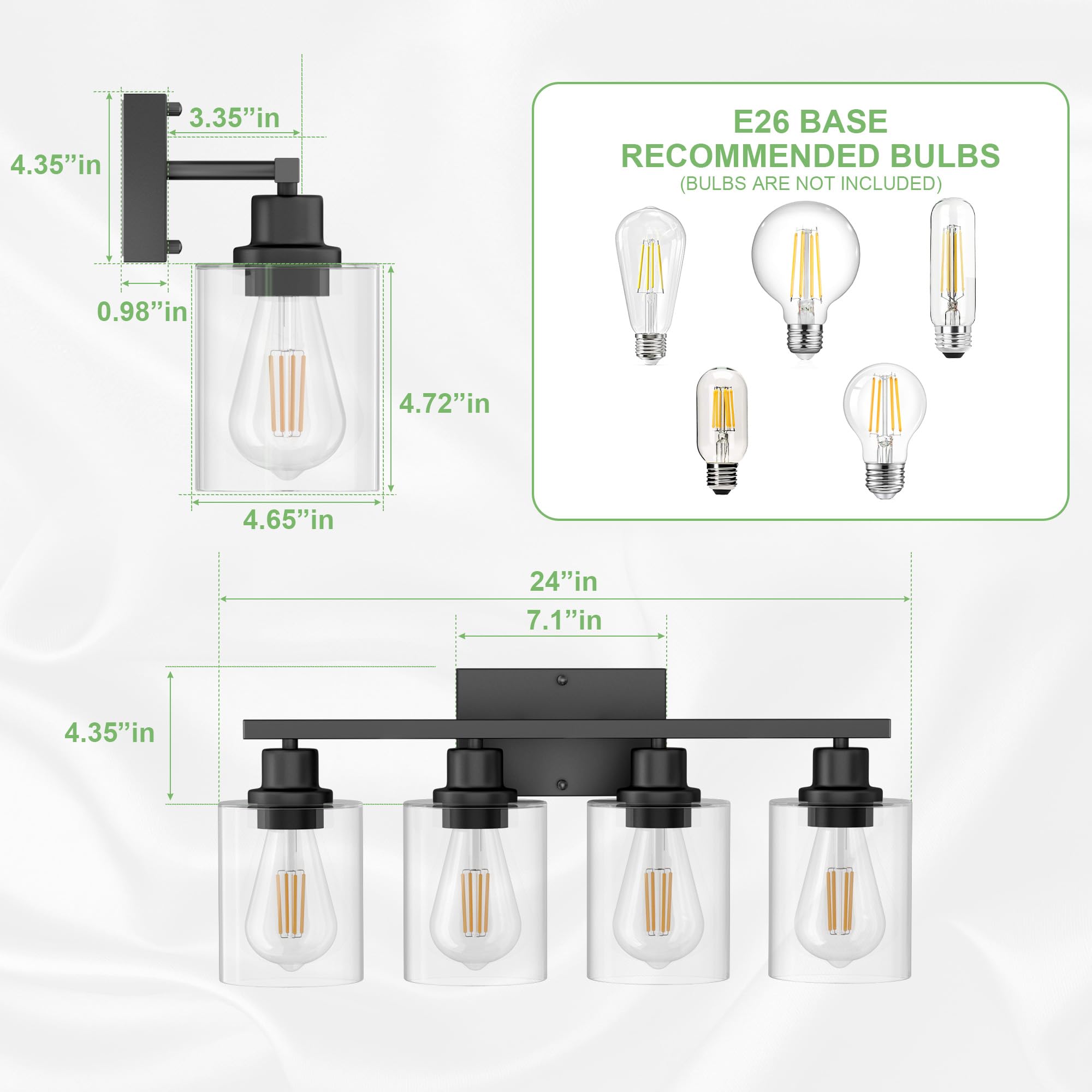 Dekang 4-Light Black Bathroom Vanity Light Fixture, Modern Anti-Rust Wall Sconce With Clear Glass Shades