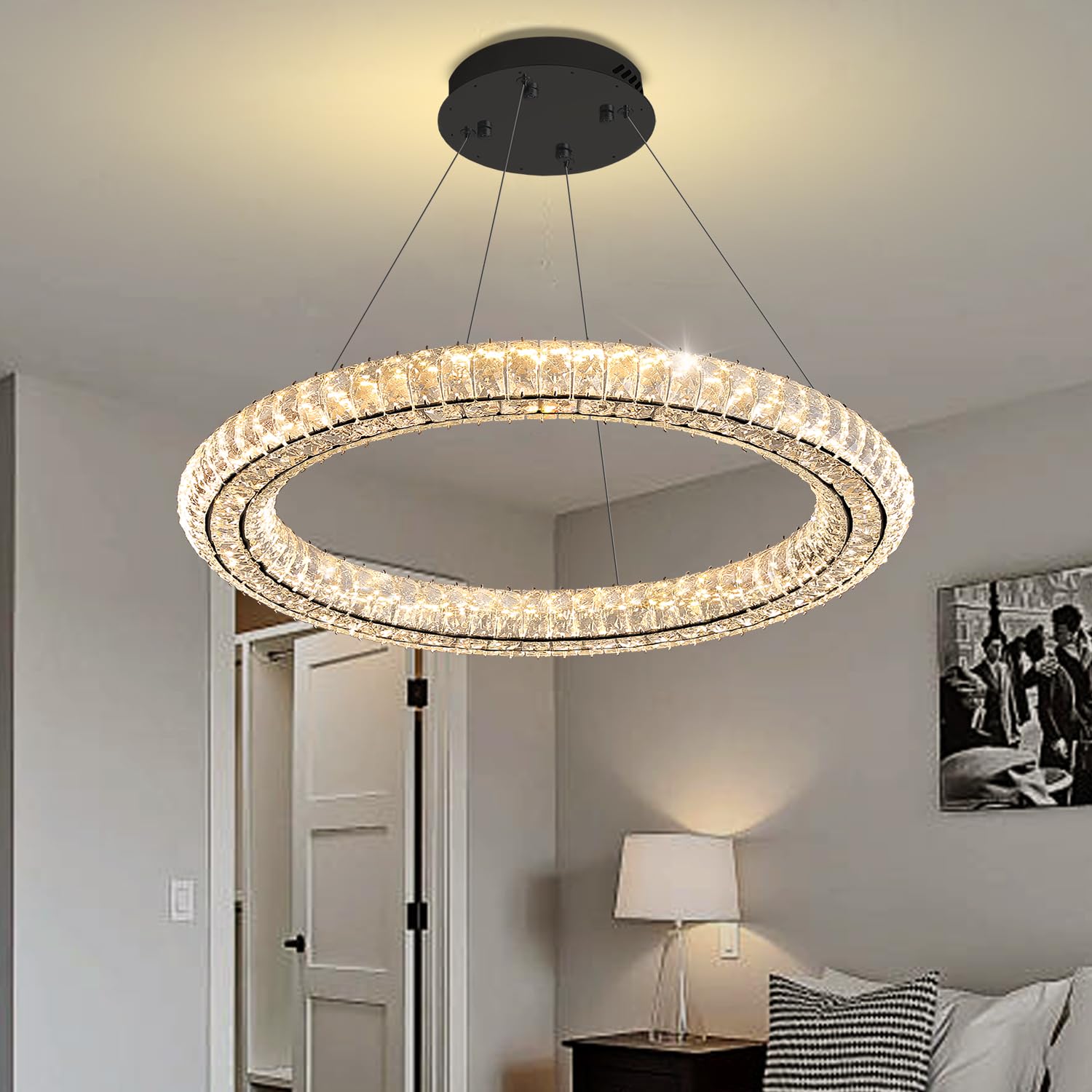 IDEQUY Modern Crystal Chandelier Dimmable LED 31.5'' Ring Pendant Light Adjustable Black Round Crystal Chandelier Light Fixtures