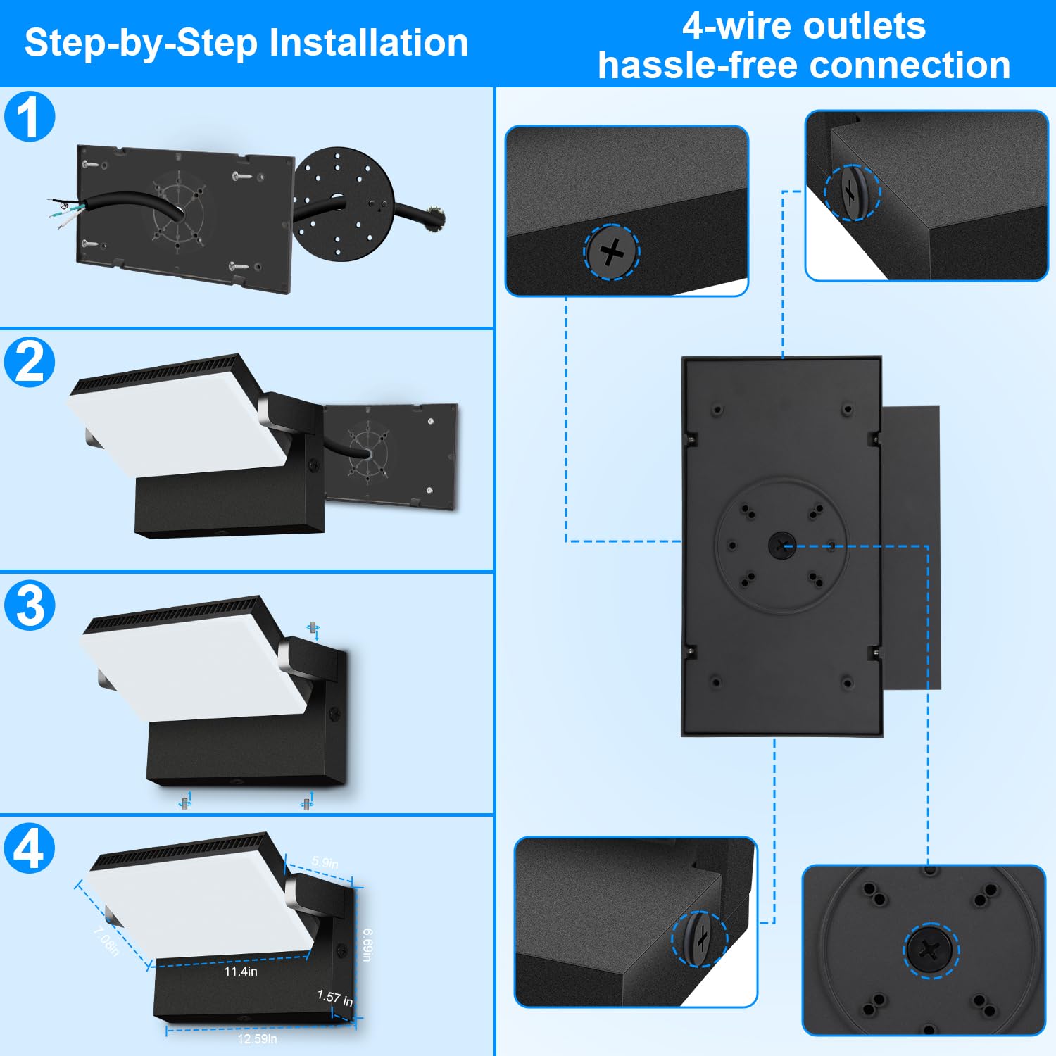 ledmo LED Wall Pack Light 150W Waterproof Black Modern Flood Security Fixture, Freely Rotating, 4 Pack, Model LED1377D