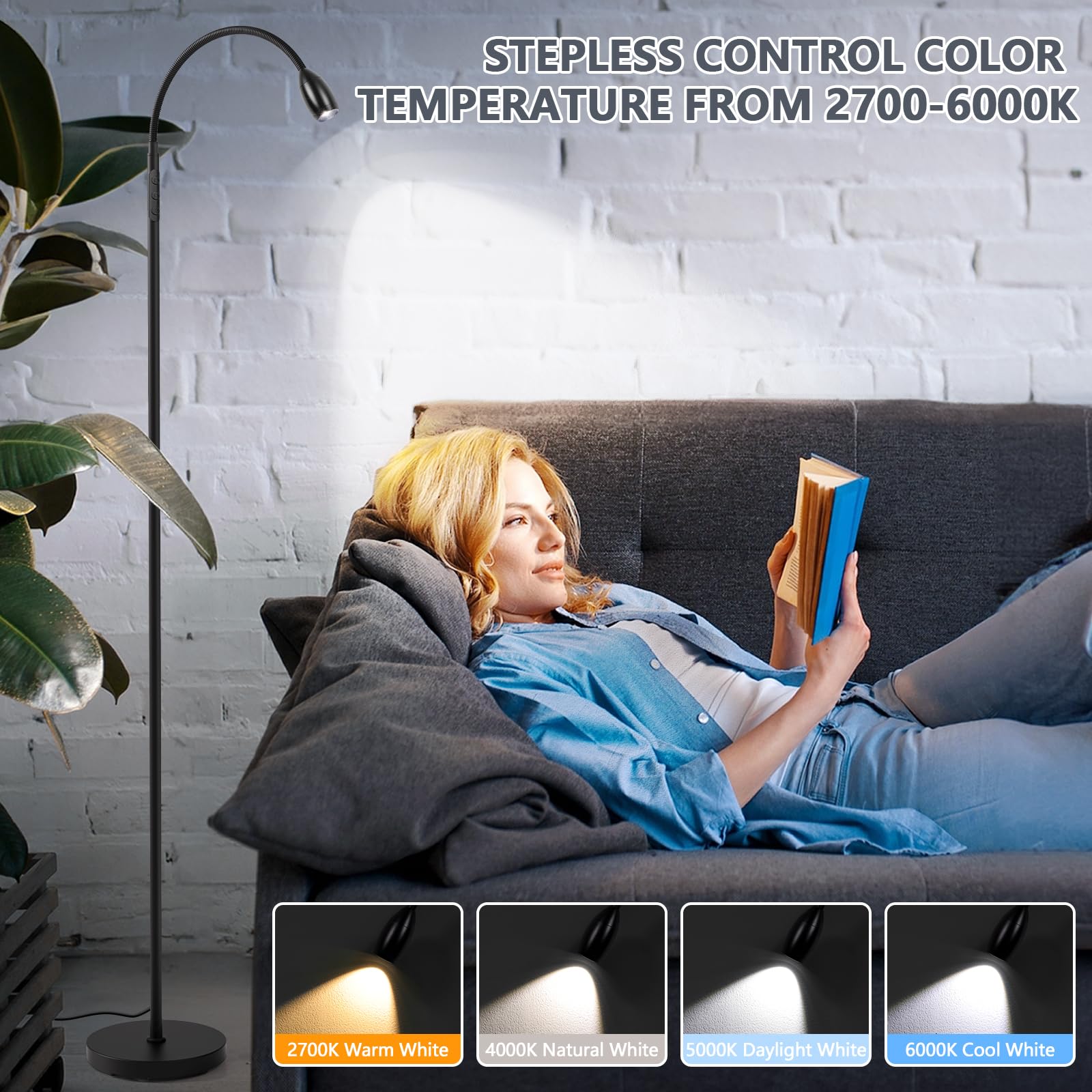 Reading Floor Lamp, 72&quot; Tall Led Lamp With Flexible Gooseneck, Dimmable Zoomable Spotlight, Adjustable Color Beam Standing Lamp, Touch & Remote Control, Task Craft Bedroom Living Room (Brushed Nickel)