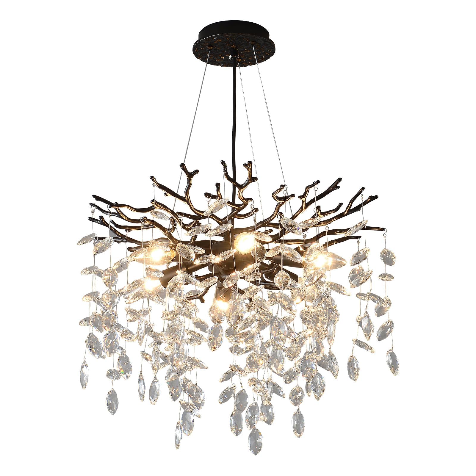 Egm Black Tree Branch Crystal Chandelier, 18 Inch Modern Dining Room Crystal Chandelier 6-Light(E12), Hanging Round Chandeliers