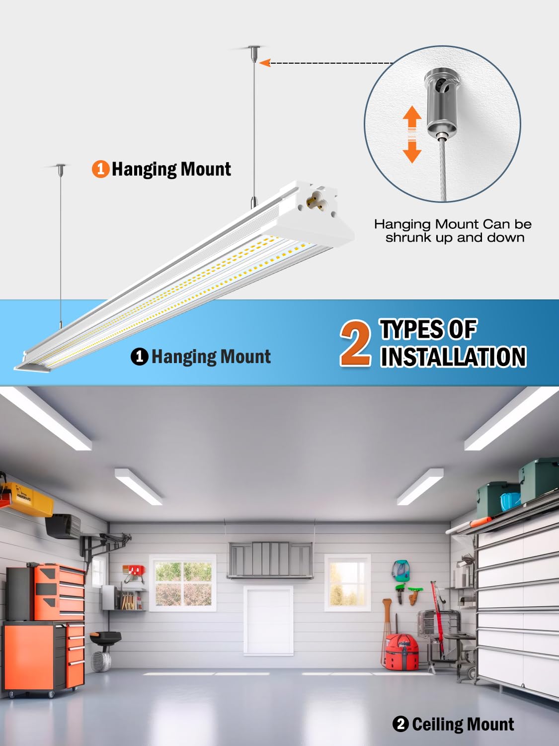 Elekico Super Bright 60W Hanging/Surface Mount 10000Lm 5000K Linkable 4Ft Led Shop Light With Plug,Ac100-277V 4' Led Shop Light