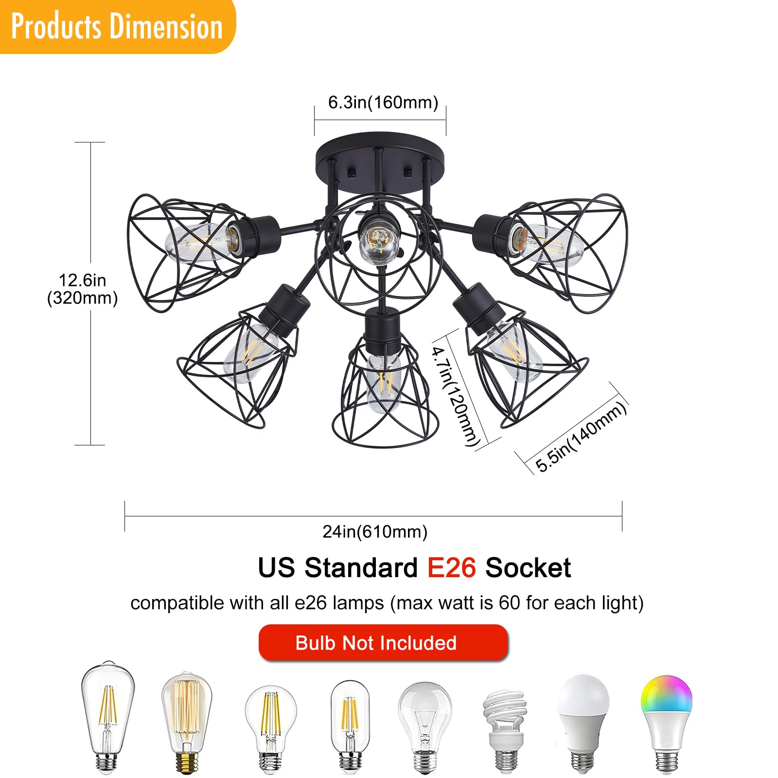 Hdasic 6-Light Semi Flush Mount Ceiling Light, Industrial Large Matte Black Kitchen Lighting Fixtures Ceiling With Metal Cage Sh