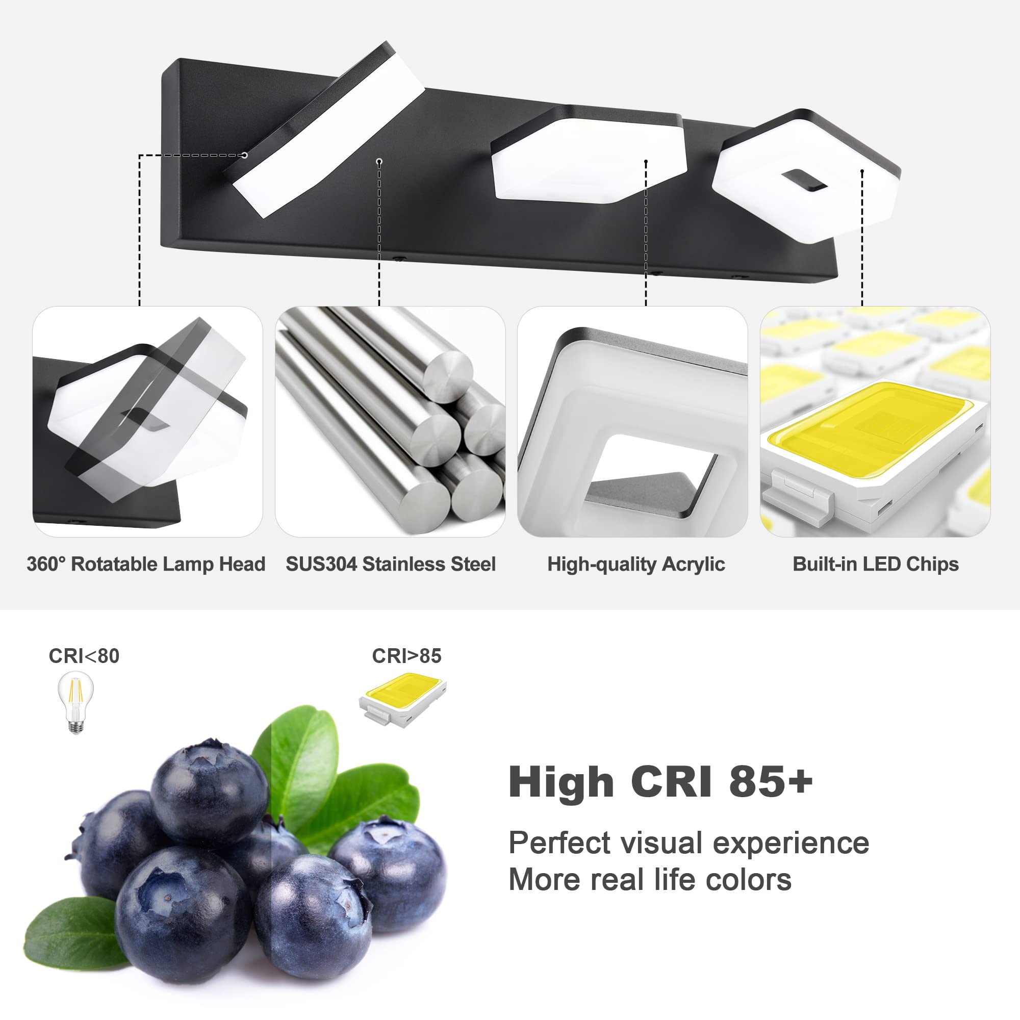 Goodate 3-Light Dimmable Black Bathroom Vanity Light Fixtures, Adjustable 3000K/4000K/6000K