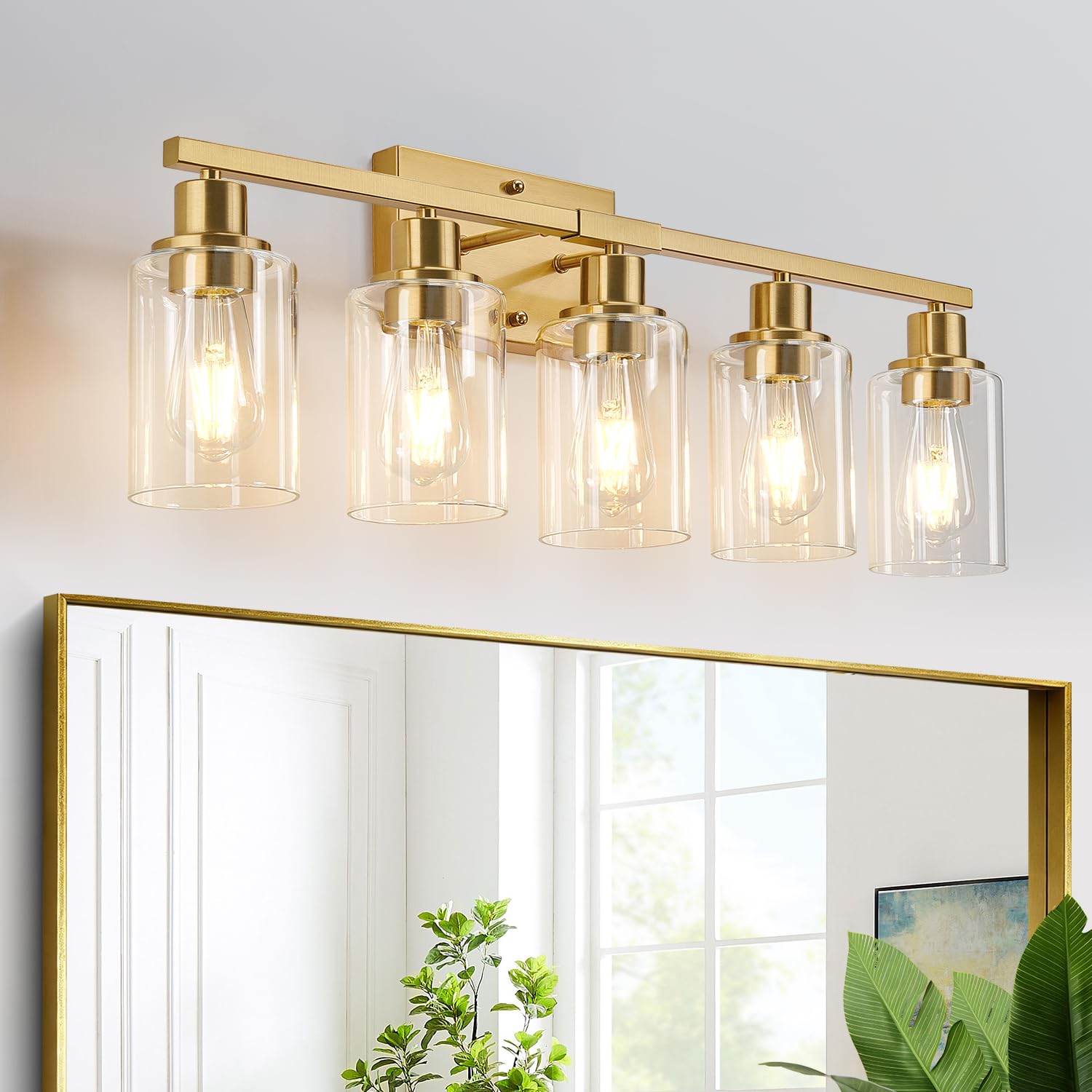 MOKATNG 5-Light Bathroom Light Fixtures  Vanity Light with Clear Glass Shades  Brushed Gold Bathroom Light Fixtures Over Mirror  Modern Bathroom Wall Lamp for Mirror Living Room Cabinet Bedroom