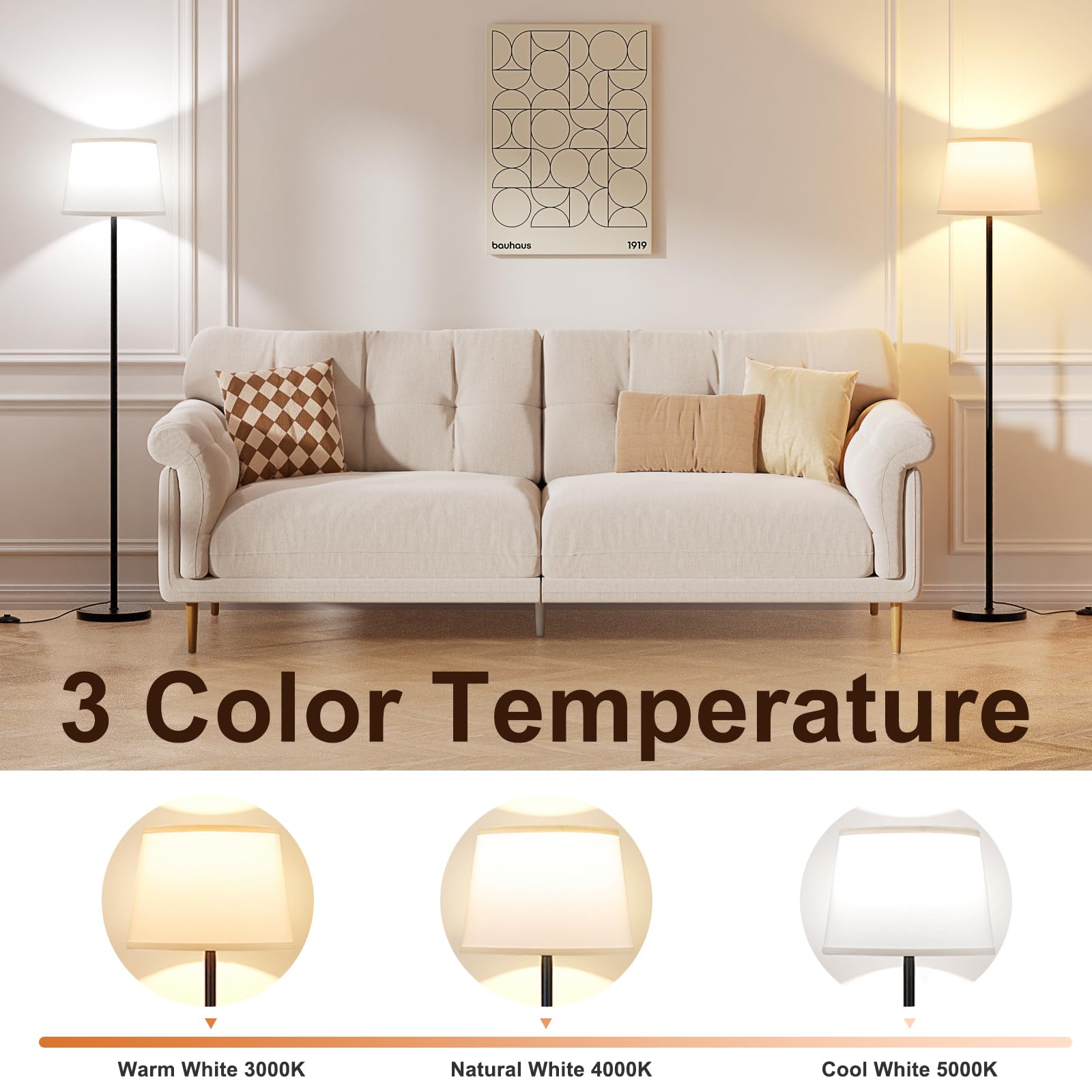 Raexpectis Floor Lamps For Living Room - 3 Color Temperatures Standing Lamp With White Shade, Modern Floor Lamp With Led Bulbs,