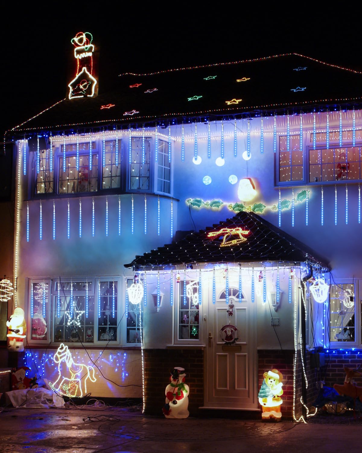 Blue 20 Tubes Meteor Shower Icicle Lights 480 Led Raindrop Lights With Timer Function Cascading Falling Rain Light For Holiday P