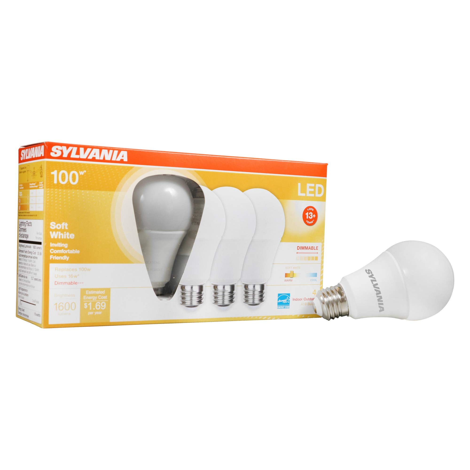 Sylvania Led Light Bulb, A19, 100W Equivalent, Efficient 16W, 13 Year, Medium Base, Dimmable, Frosted, 2700K, Soft White - 4 Pac