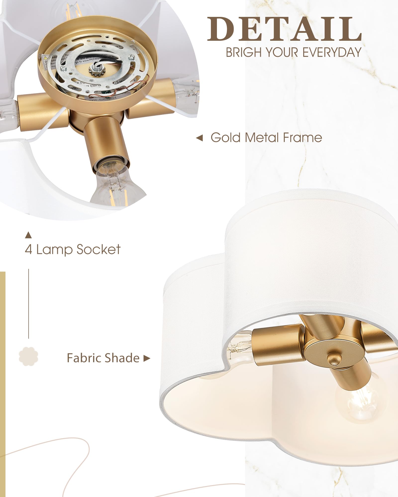 Audickic Gold Flush Mount Ceiling Light, 4-Light 14Inch Light Fixtures Ceiling Mount With Fabric Shade In Quatrefoil Shape, Bras