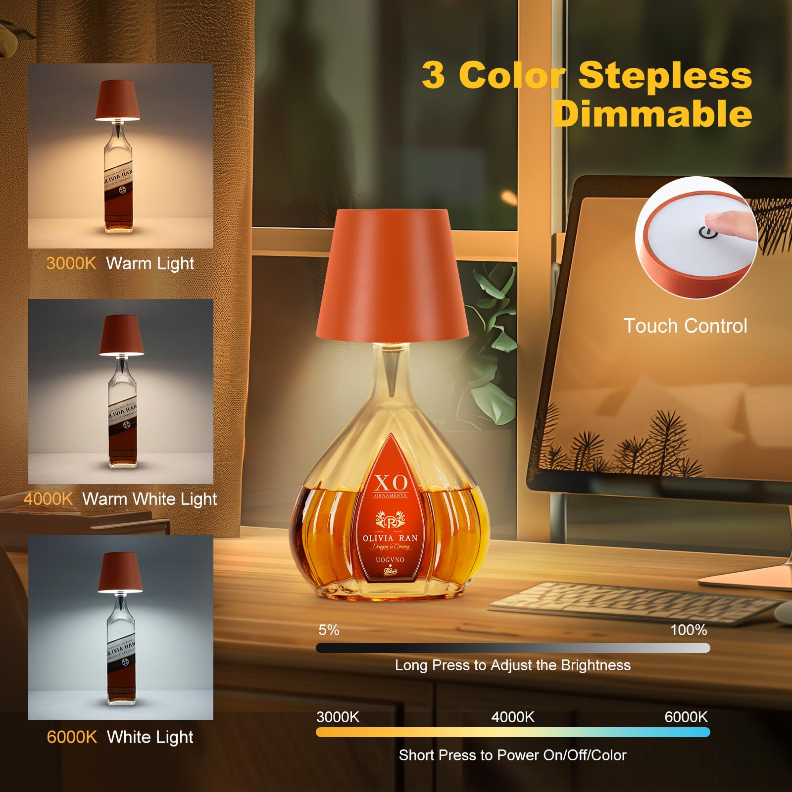 Soudfk Wireless Bottle Lamp, 2025 New 3 Color Rechargeable Wine Bottle Lights For Bars Restaurants (Orange, 1Pc)