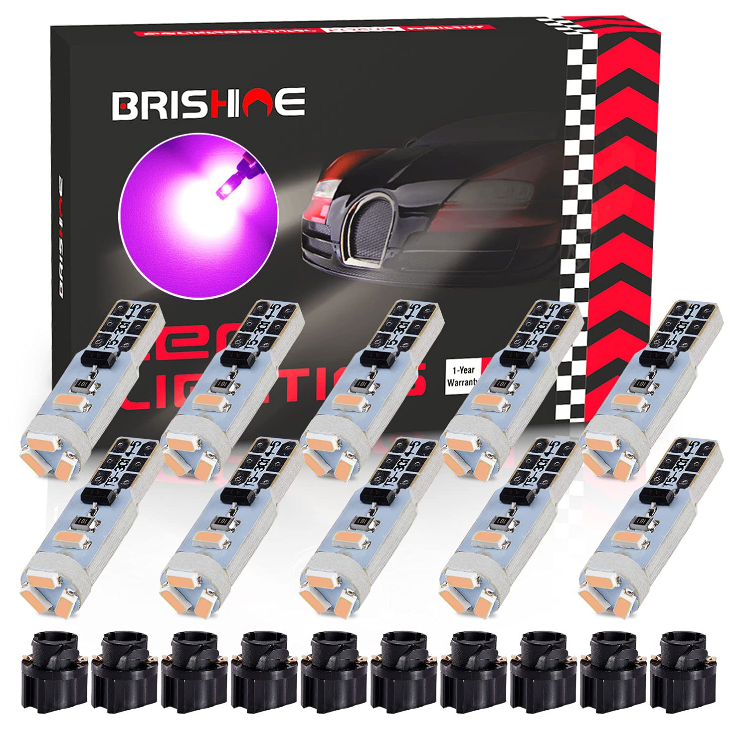 Brishine T5 74 2721 Led Bulbs Pink Purple With Twist Lock Socket, Canbus Error Free Pc74 Pc37 882 Dashboard Instrument Panel Lig