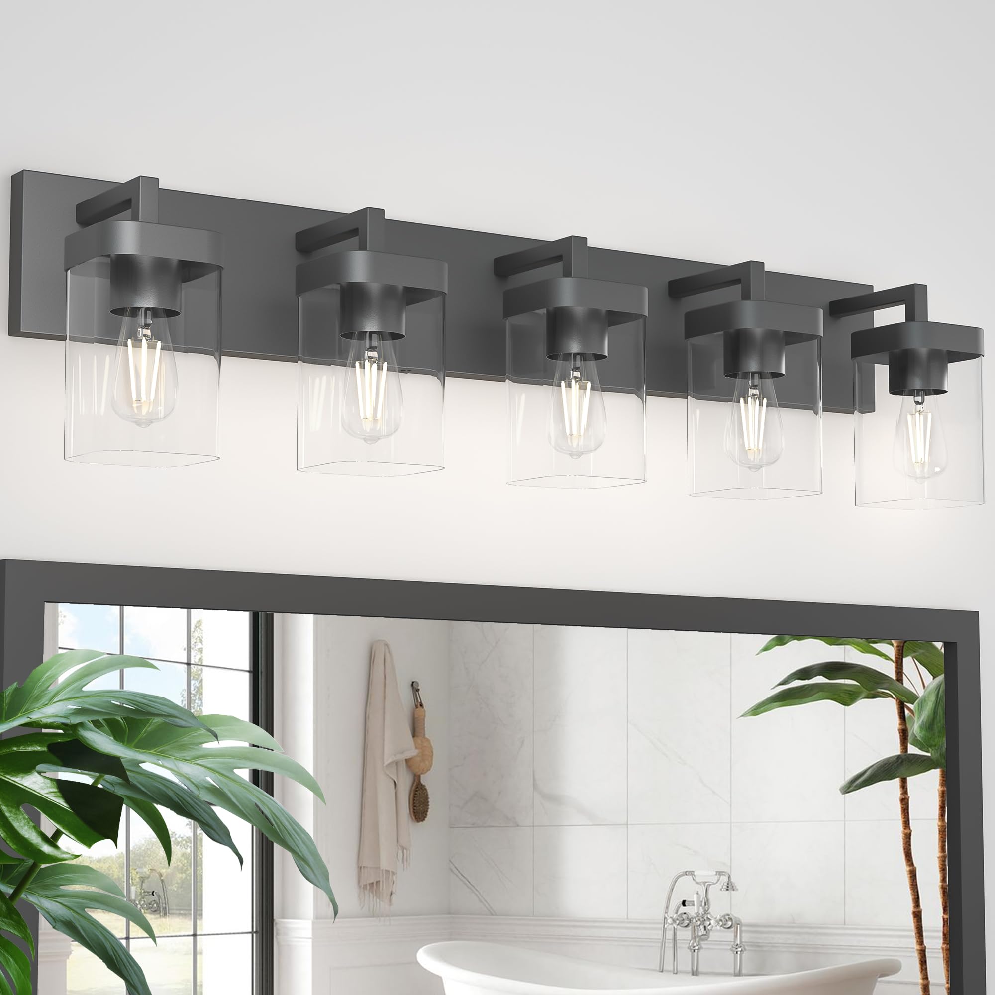 Danshinro Bathroom Vanity Light, 5-Light Square Design, Metal, Black, Model L23-5-BK