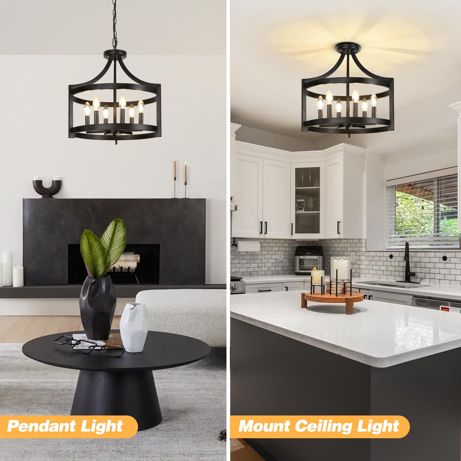 Lynpon 6 Lights Large Modern Farmhouse Chandelier, 19'' Convertible Semi Flush Mount Ceiling Light Fixture Hanging Light Rustic