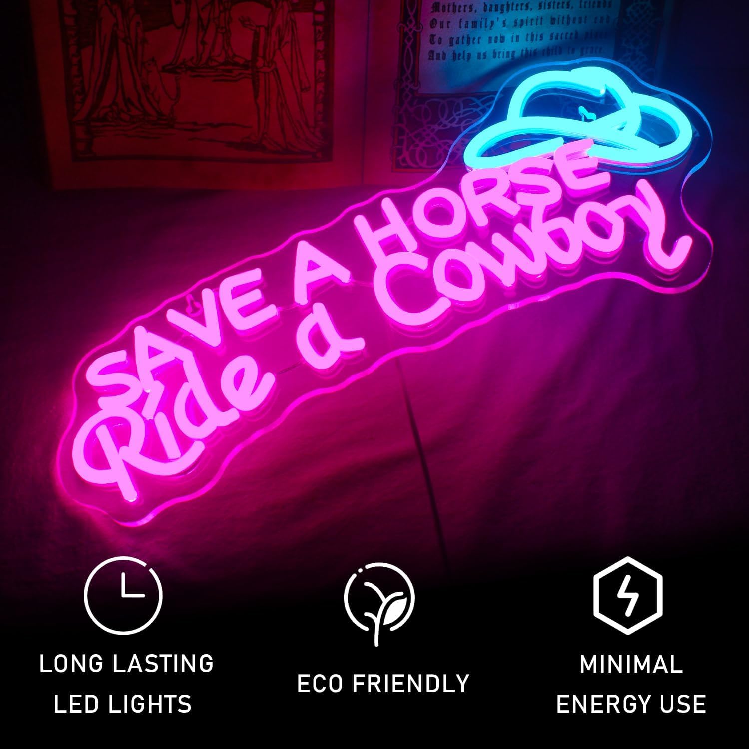 WLHOPE Neon Sign, Save A Horse Ride A Cowboy, Adjustable Brightness, Silicone, USB Connectivity, Wall Decor, A-save a horse