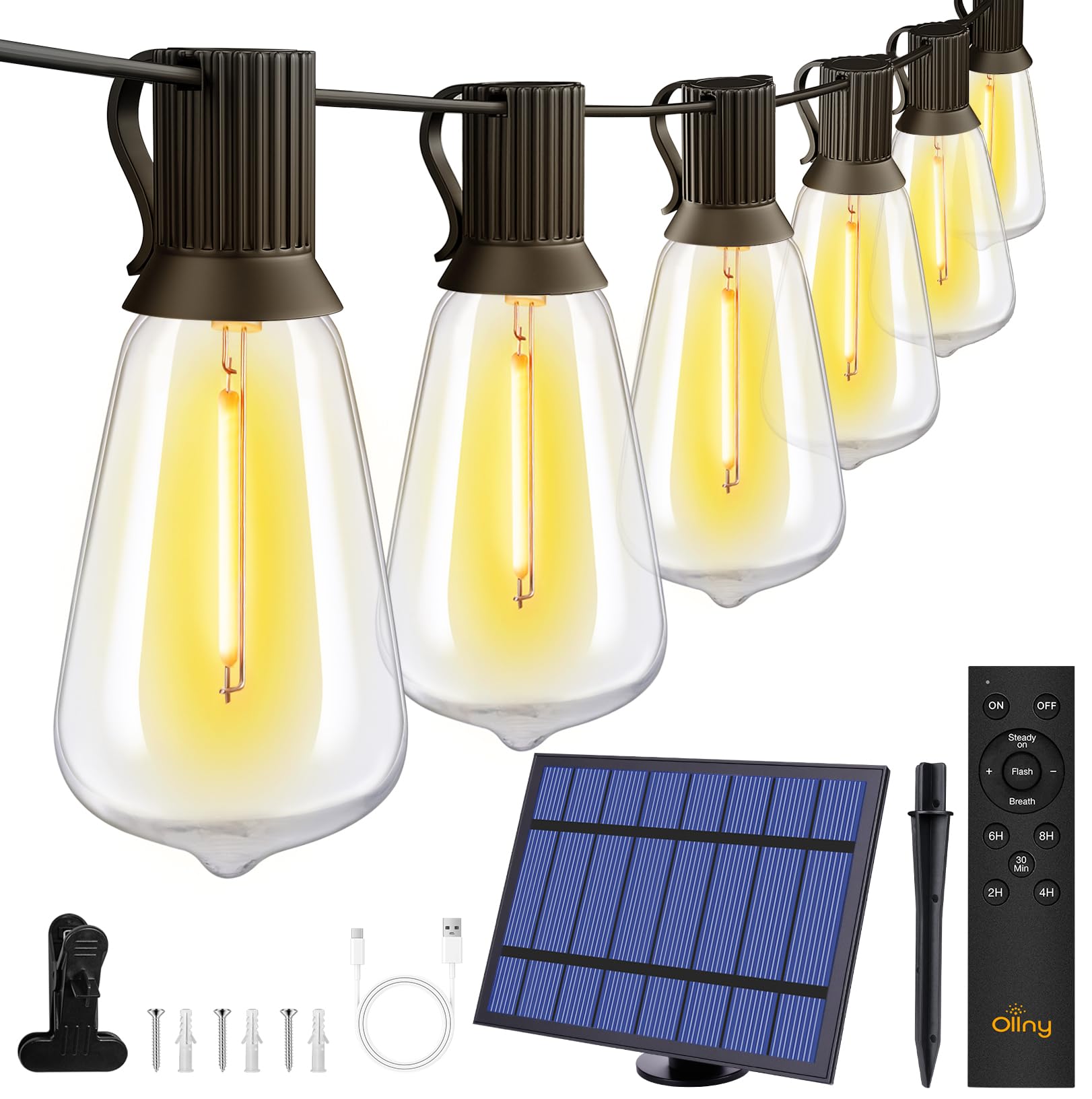 Ollny 25+2 Leds St38 Solar String Lights For Outside, 50 Ft Usb & Solar Dual Charging Outdoor String Lights, 3 Modes 5 Timers 10