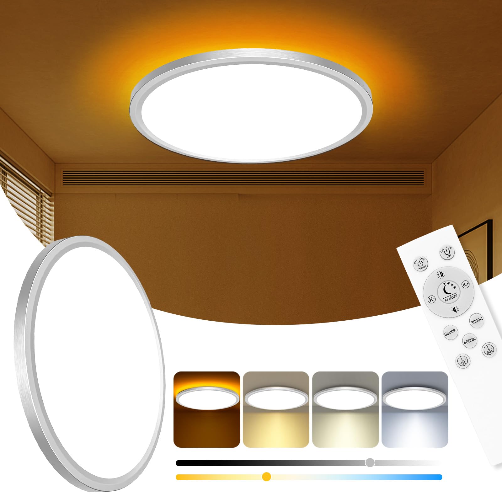 Zemty 12 Inch LED Ceiling Light with Night Light 1800K, Dimmable with Remote Control, Low Profile Lighting for Bedroom Bathroom 