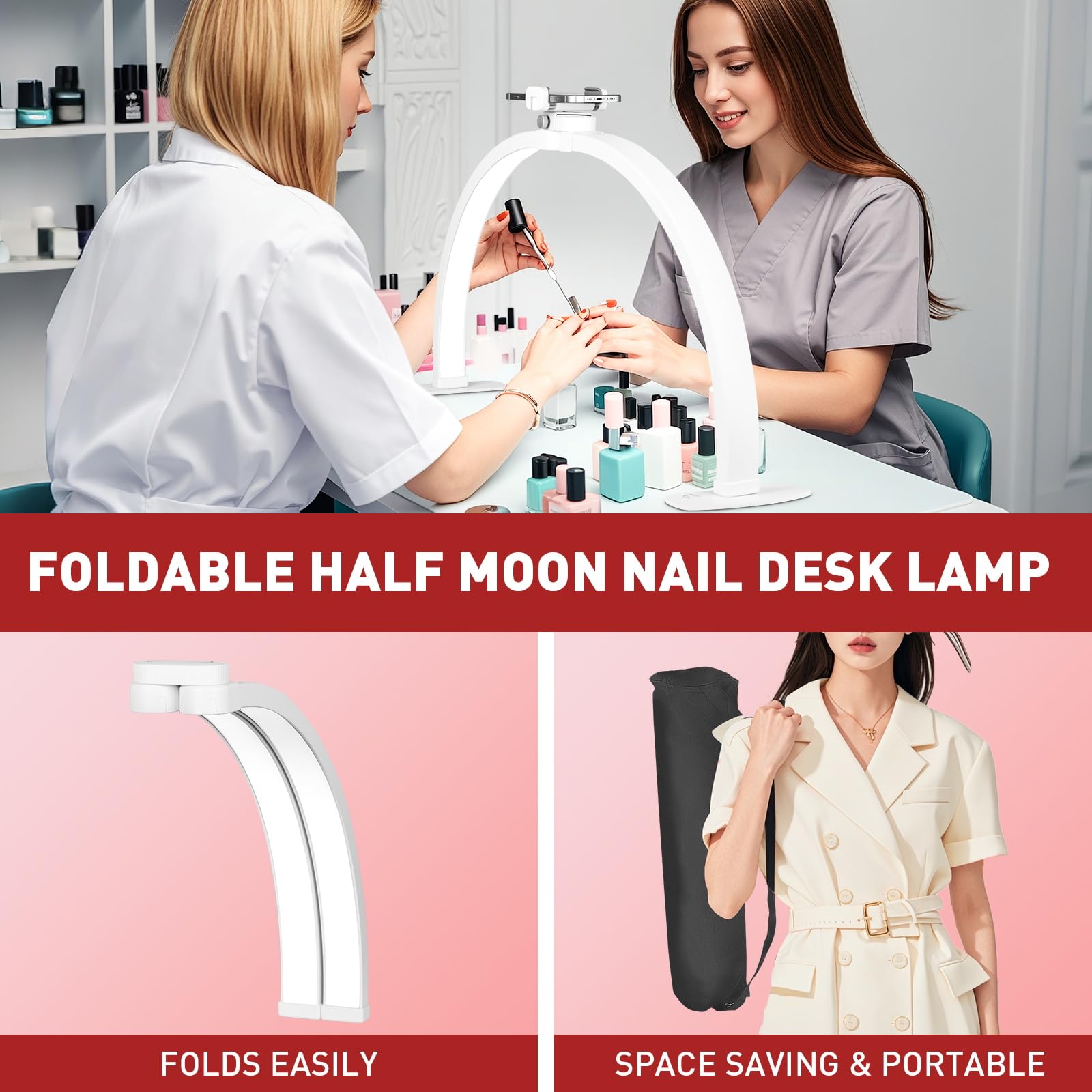 Kirkas Half Moon Light For Nail Desk With Phone Stand, 29In Foldable Arch Light For Nail Tech, 3 Color Modes & 10 Brightness Nai