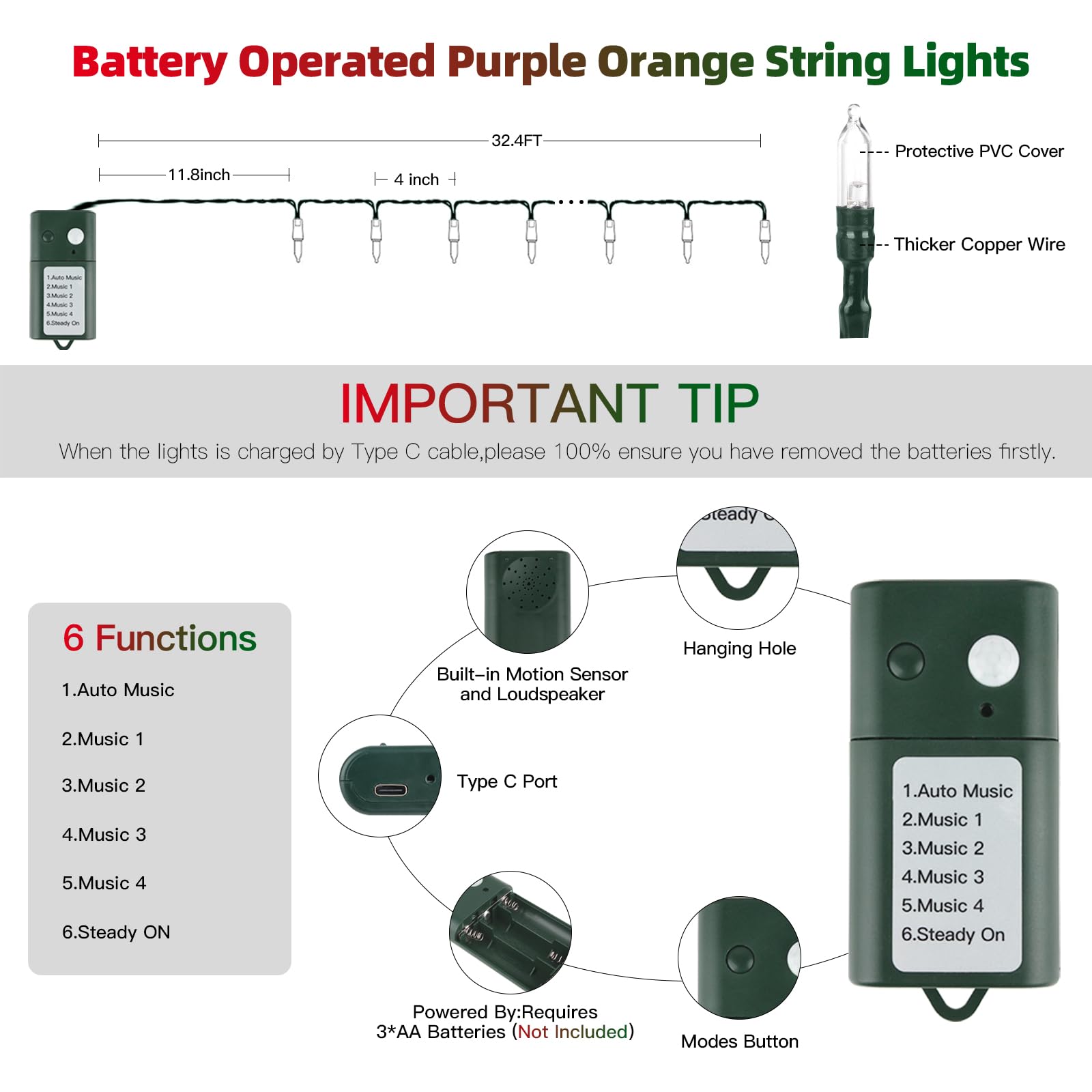 Tcamp Battery Operated Christmas Lights Motion Activated Sync With Music, 33Ft 100 Led Battery String Lights With Christmas Music For Outdoor Indoor Christmas Tree Decor, 6 Lighting Modes, Warm White