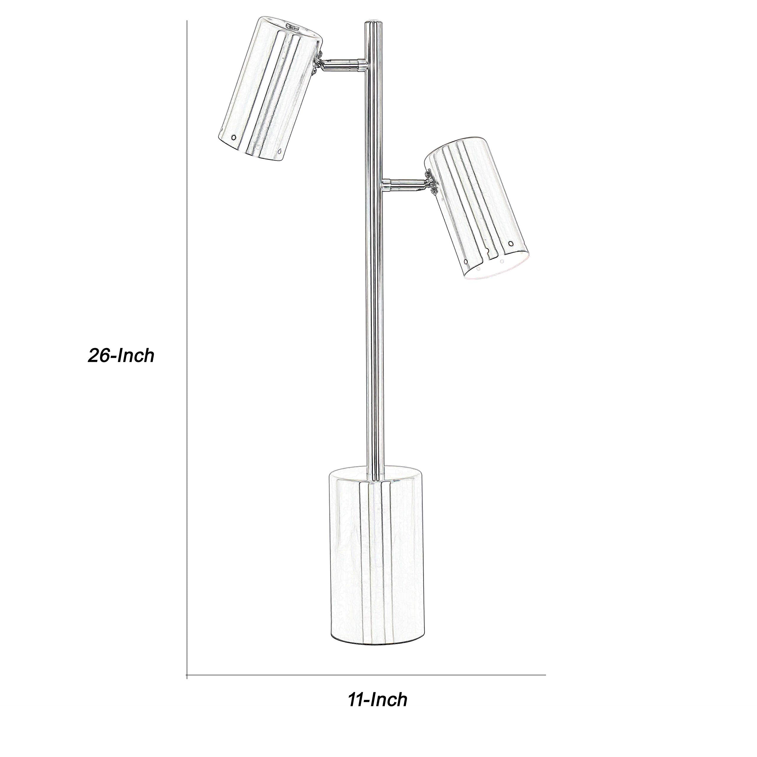 Benjara 26 Inches Dual Light Metal Frame Table Lamp With Cylindrical Shade, Silver