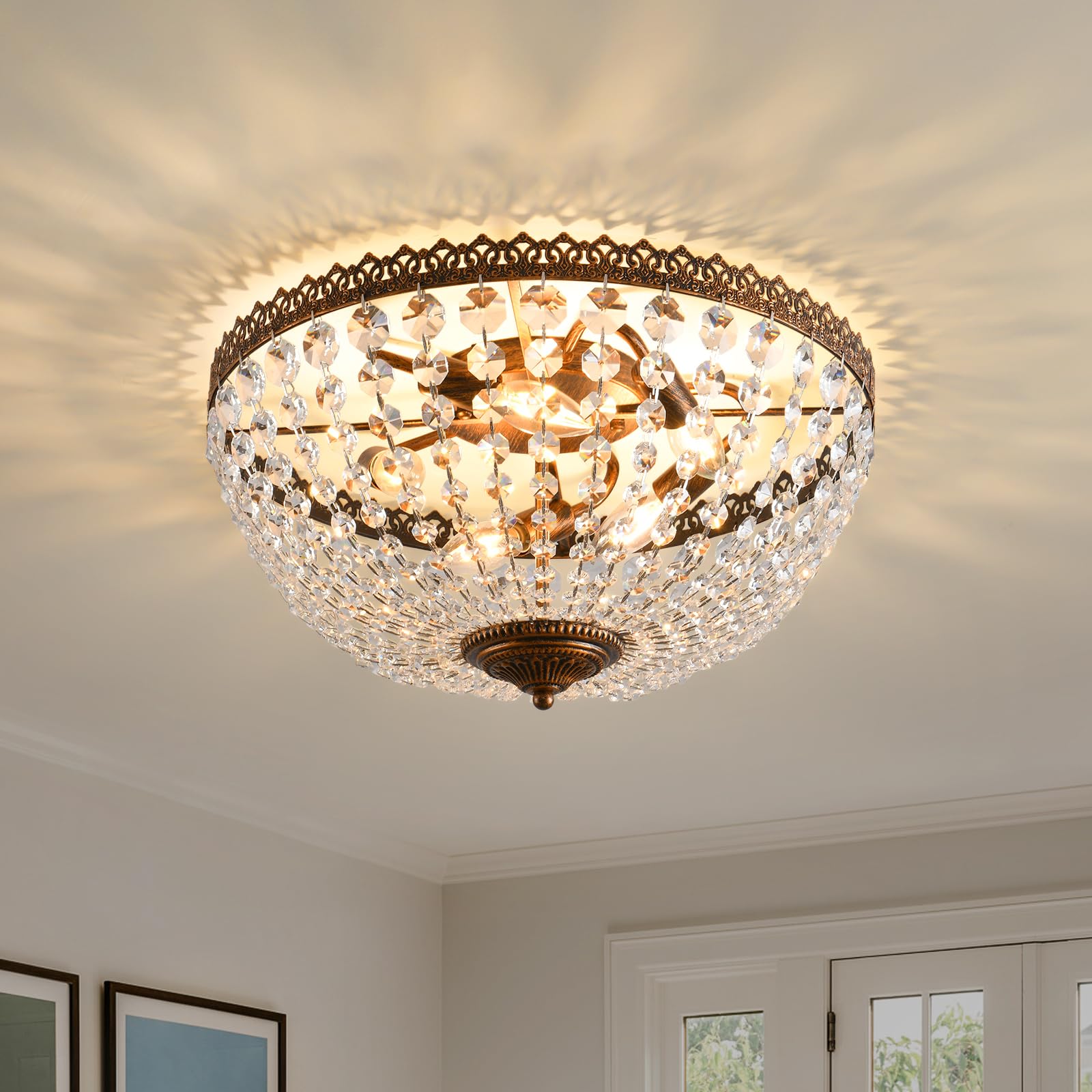 KAIQI 5 Lights French Empire K9 Crystal Antique Flush Mount Ceiling Light Fixture Crystal Chandelier Lighting for Dining Room En