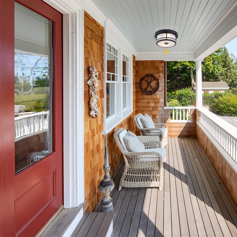 Vexagyle Outdoor Flush Mount Motion Sensor Ceiling Light,2-Light Industrial Porch Lights Ceiling Mount Black Finsh With Clear Fr