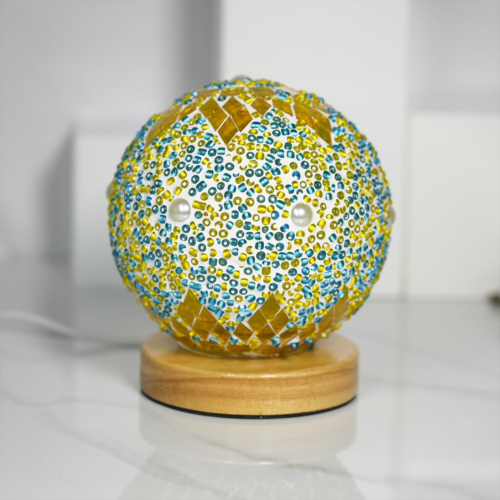 HAIDOLIANG Turkish Table Lamp, Mosaic Glass with Wooden Base, 4.7inx5.2in, Bohemian/Baroque, Morocco - Green