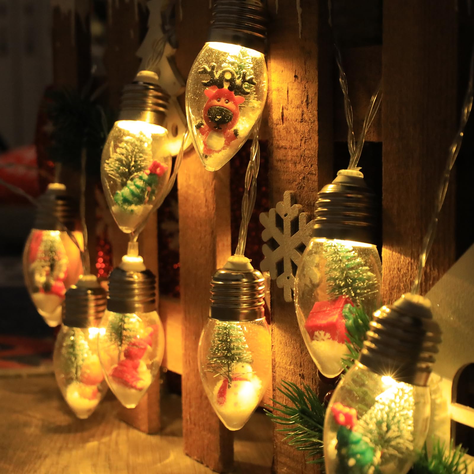 Christmas Lights 6.8Ft Led Christmas Tree Snow Globe Lights 10 Shatterproof Edison Bulbs Battery Operated Lights With Remote Timer, String Lights Indoor For Bedroom Porch Garden Party Christmas Decor