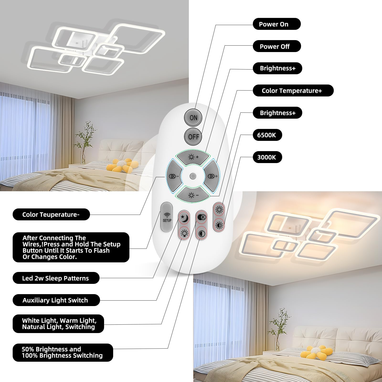 Modern Ceiling Light, 40.2'' Led Dimmable Acrylic Square 6+1 Rings Ceiling Lights With Remote, White Flush Mount Ceiling Light F