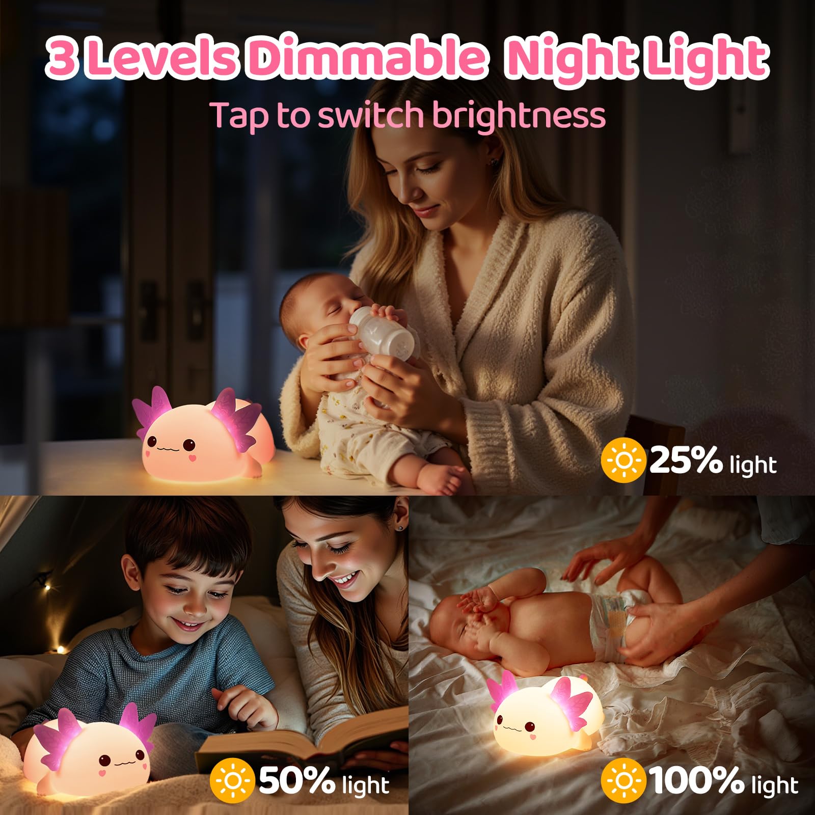 Mewaii Huggwaii Squishy Axolotl Night Light for Kids - Dimmable Silicone Axolotl Lamp with 4 White Noise, 2025 Upgraded Design,
