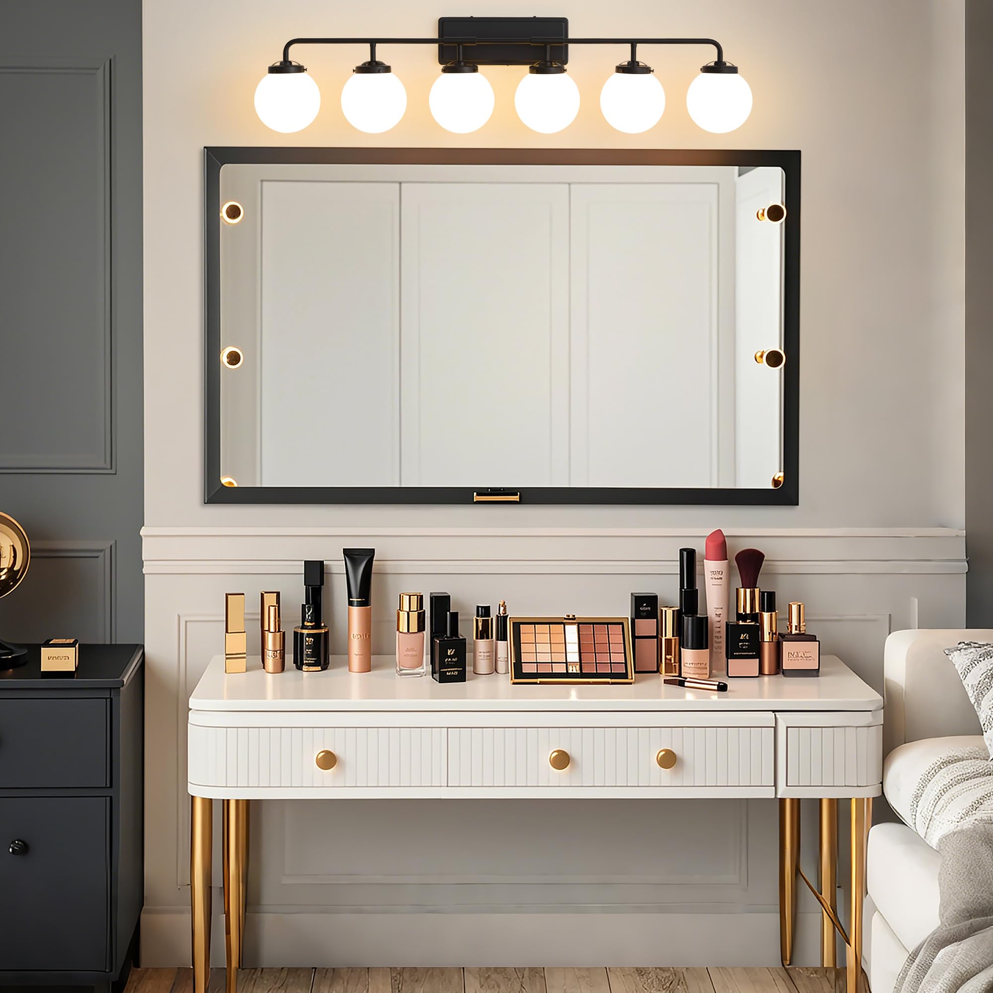 Deyidn 6-Light Matte Black Bathroom Light Fixture Over Mirror with Milk White Glass Shades, Model 1758-6