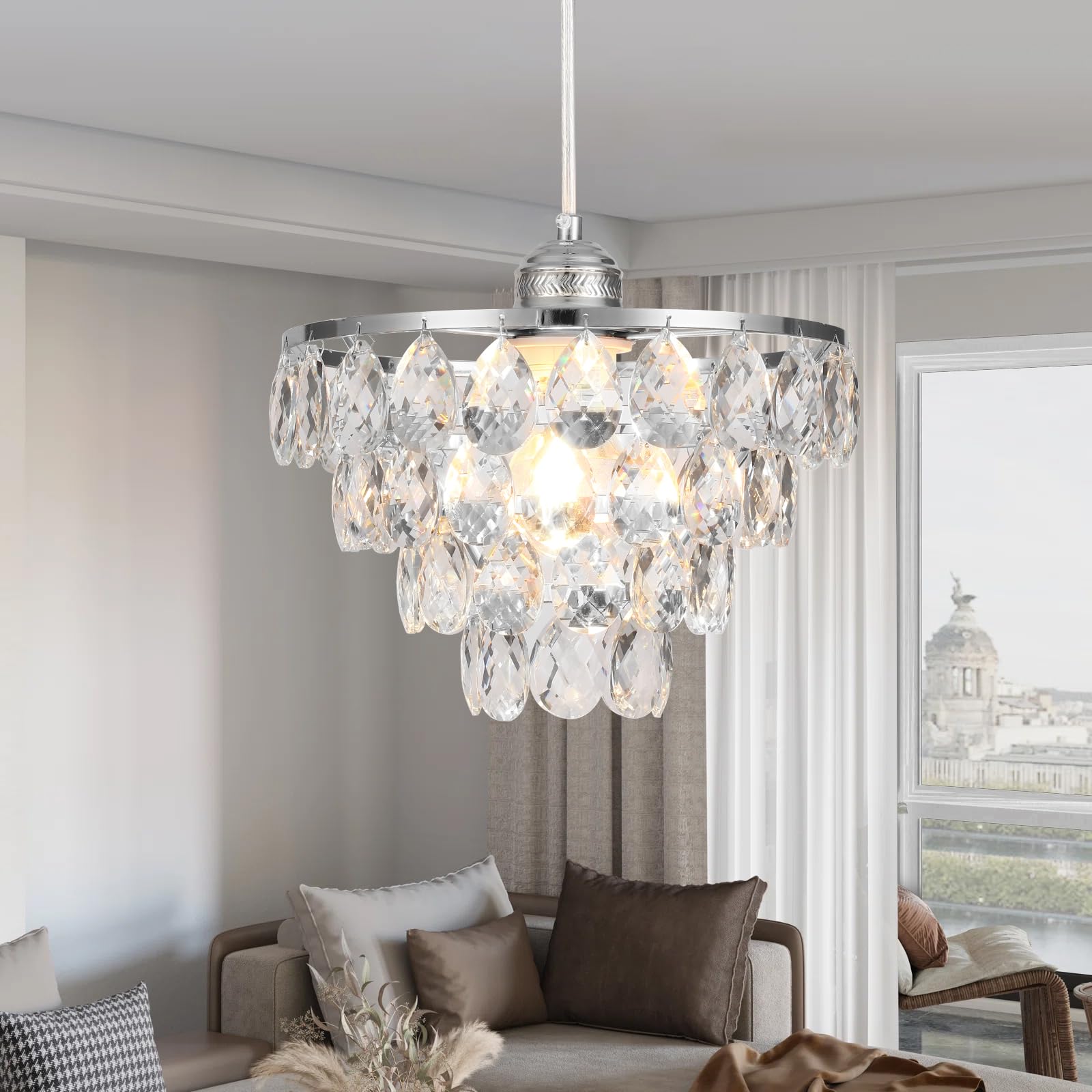 Luupyia Mini Crystal Chandelier Pendant Light Small, Height Adjustable, Unique Modern Ceiling Light Fixtures Silver Hanging Crys