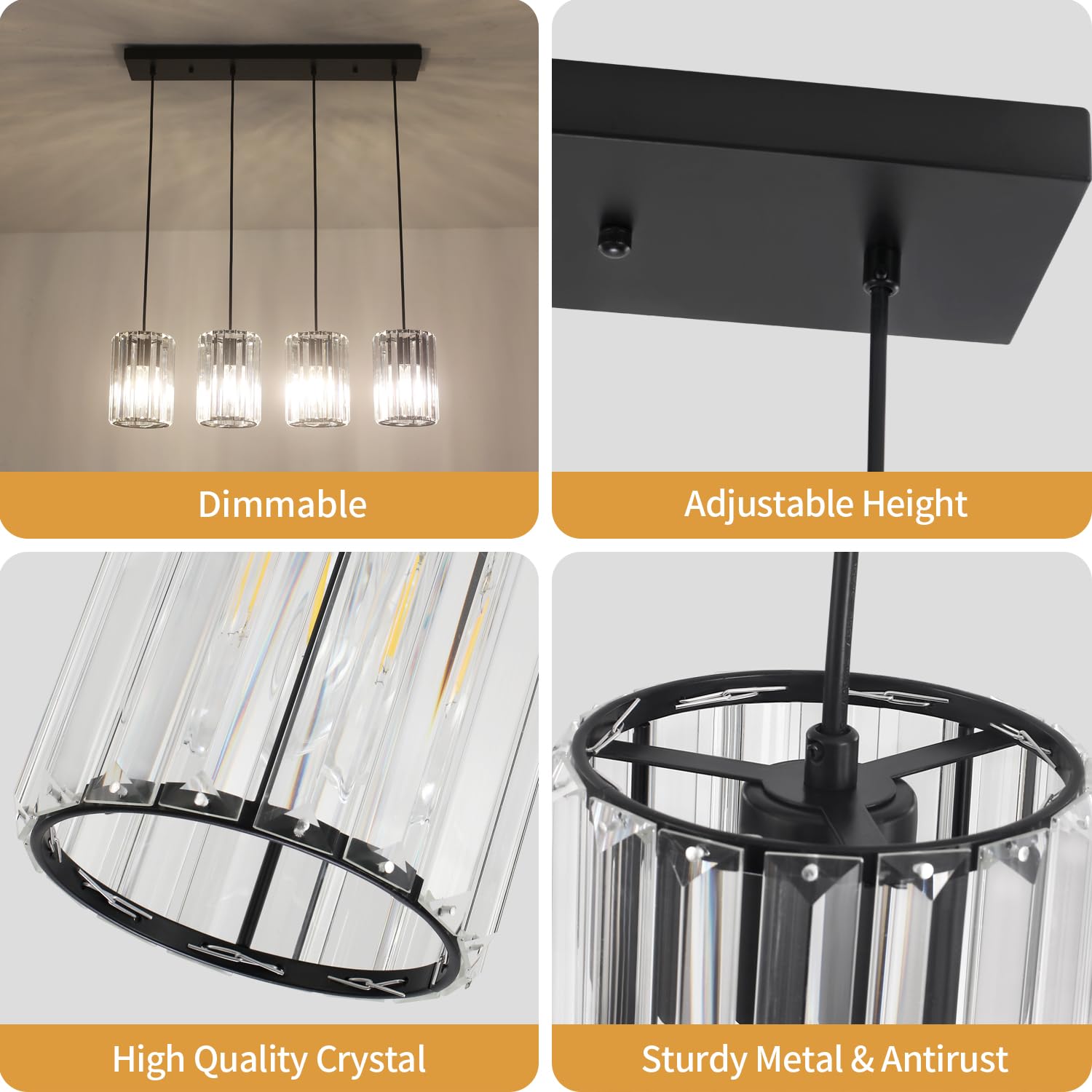 Crystal Kitchen Island Lights  4-Light Modern Chandeliers For Dining Room  Kitchen Pendant Lighting Over Island  Adjustable Height Ceiling Hanging Lights For Kitchen Bedroom Entryway Bathroom
