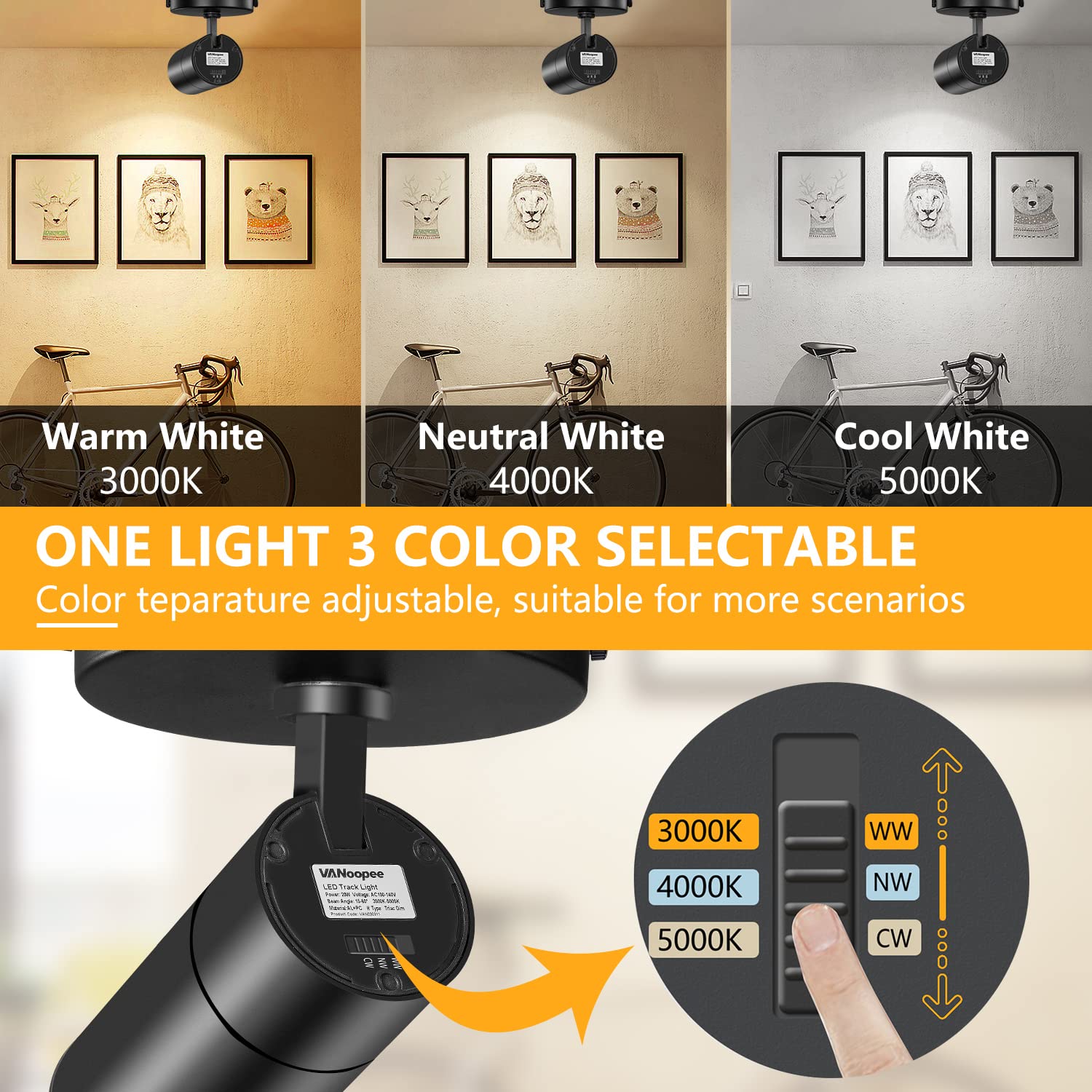 Vanoopee 3-Color Led Ceiling Spotlight, Dimmable Adjustable Accent Light, Black, 20W, 2000