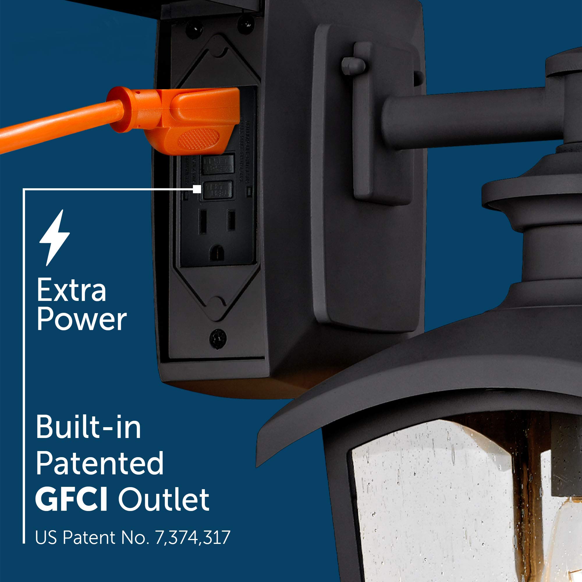 Home Luminaire Spence 1-Light Outdoor Wall Lantern, Seeded Glass, Gfci Outlet, Black