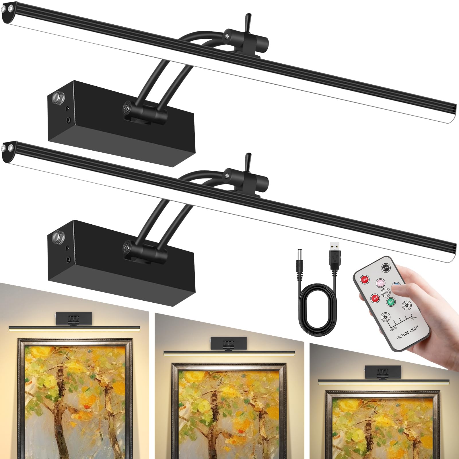 Picture Light with Remote, 16 in Wireless Rechargeable 5200mAh Battery Operated Wall Light, 5 Colors Paintings Light Dimmable an