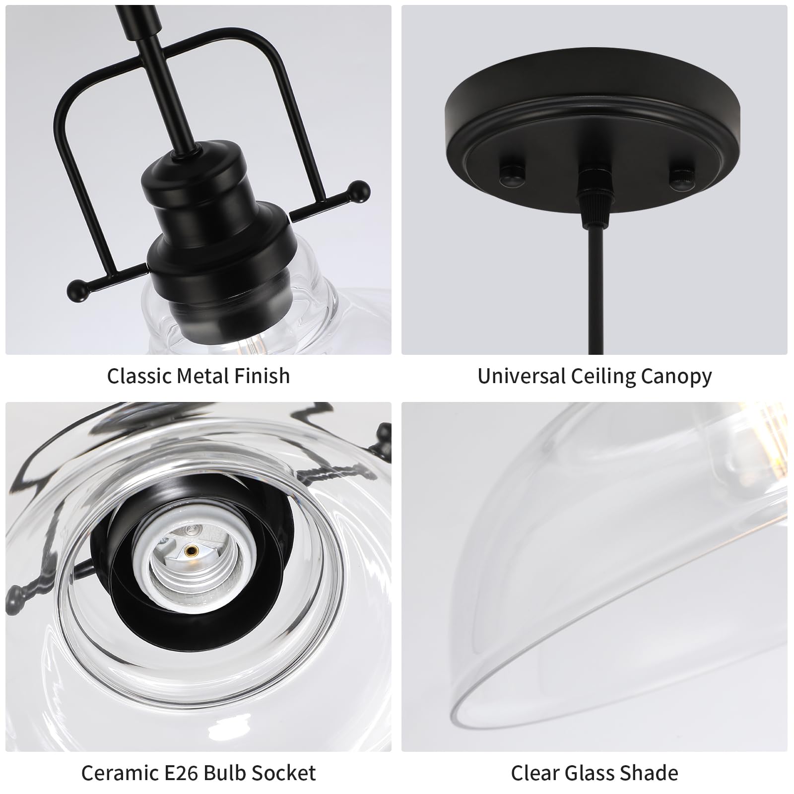 Wilon Farmhouse Pendant Lights Kitchen Island Lighting, Black Pendant Light Over The Sink, Vintage Clear Glass Pendant Light, In