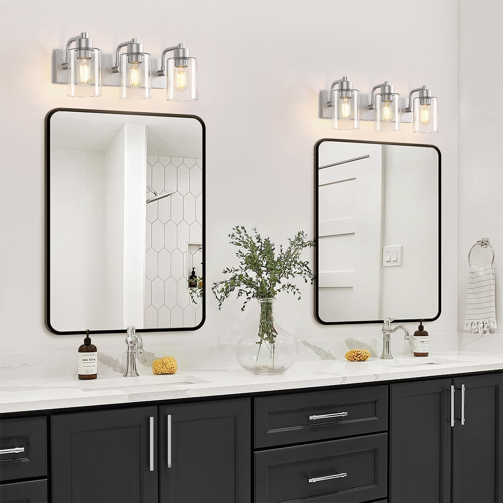 Dpyrrhic 3-Light Bathroom Light Fixtures, Brushed Nickel Wall Sconces with Clear Glass Shade, Model JD-190