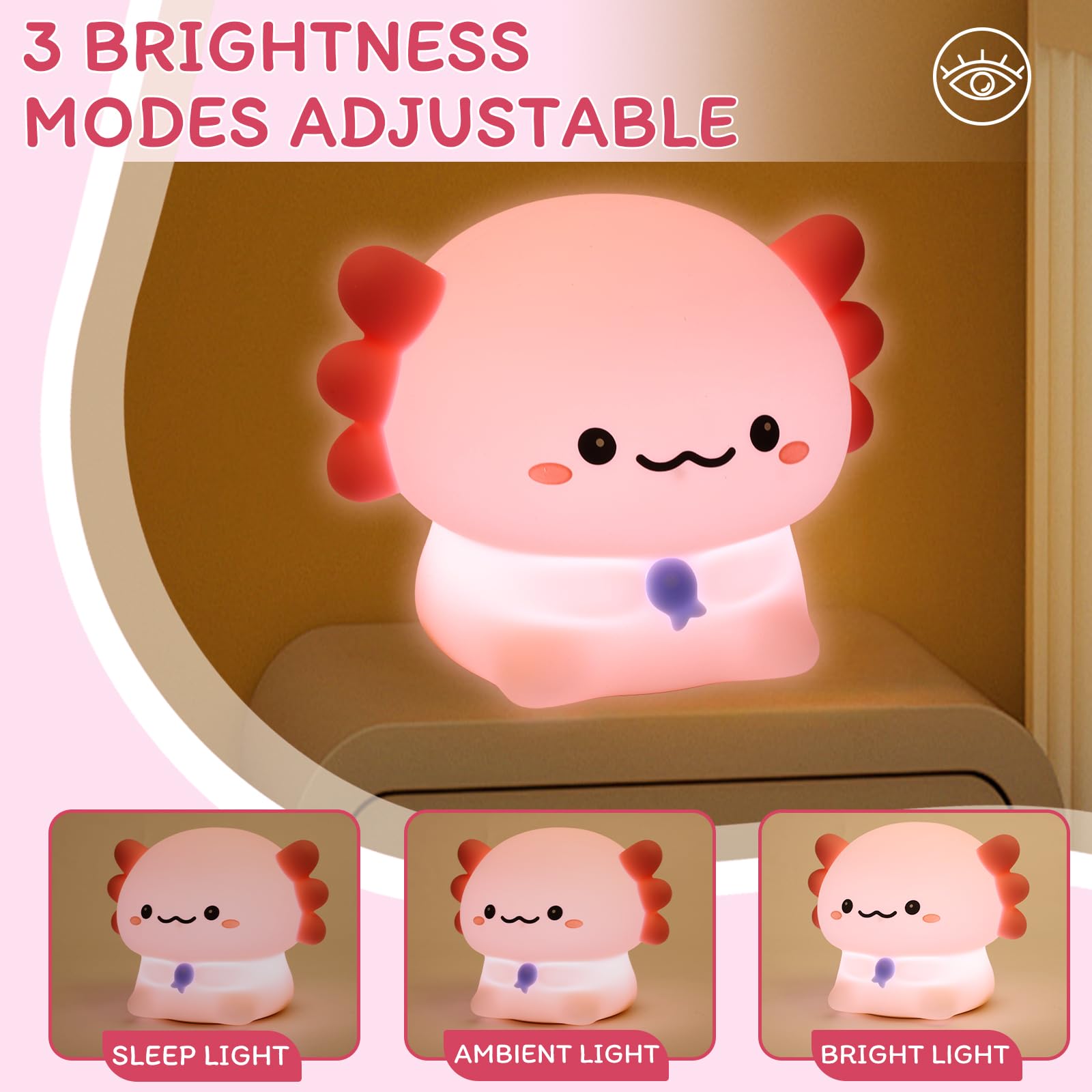 MAGOHMT Axolotl Night Light for Kids - 3-Level Dimmer & Auto-Off Timer, Child-Safe Silicone Lamp, USB-C Rechargeable Nursery Lig