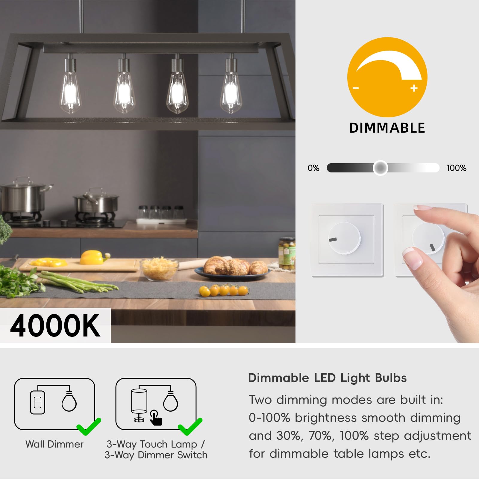Jensense E26 Edison LED Light Bulbs 7W 60W Equivalent Dimmable 800 Lumen 4000K Natural White 4 Pack Glass