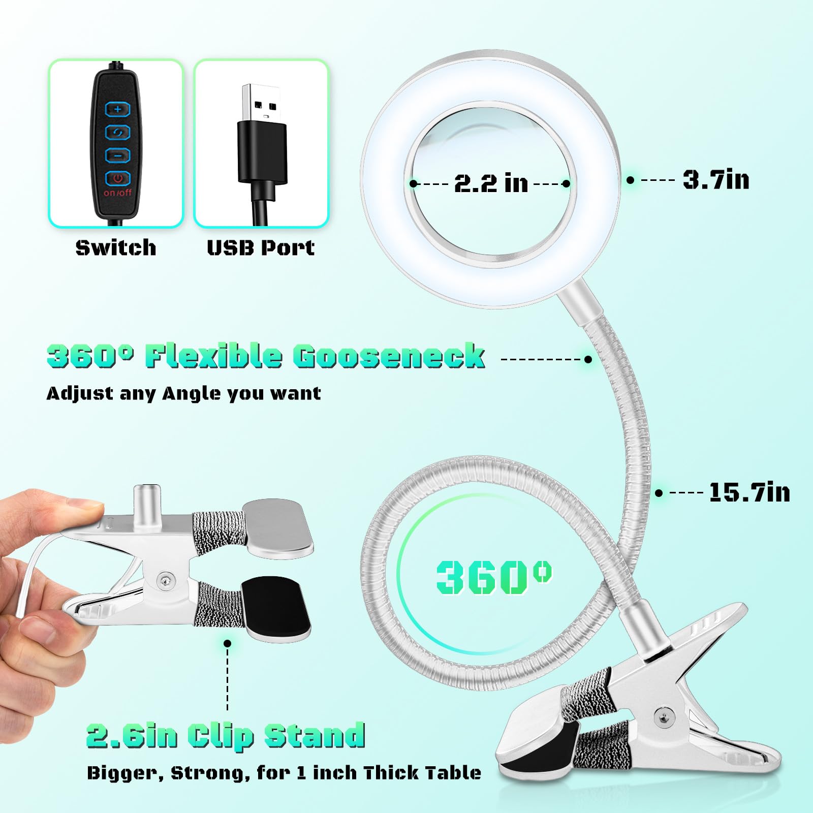 Nzqxjxz 10X Magnifying Glass With Light, Clip On Mganifier With Light, 48 Led Desk Lmap Magnifying Glass Wtih Clamp, 3 Modes Dim