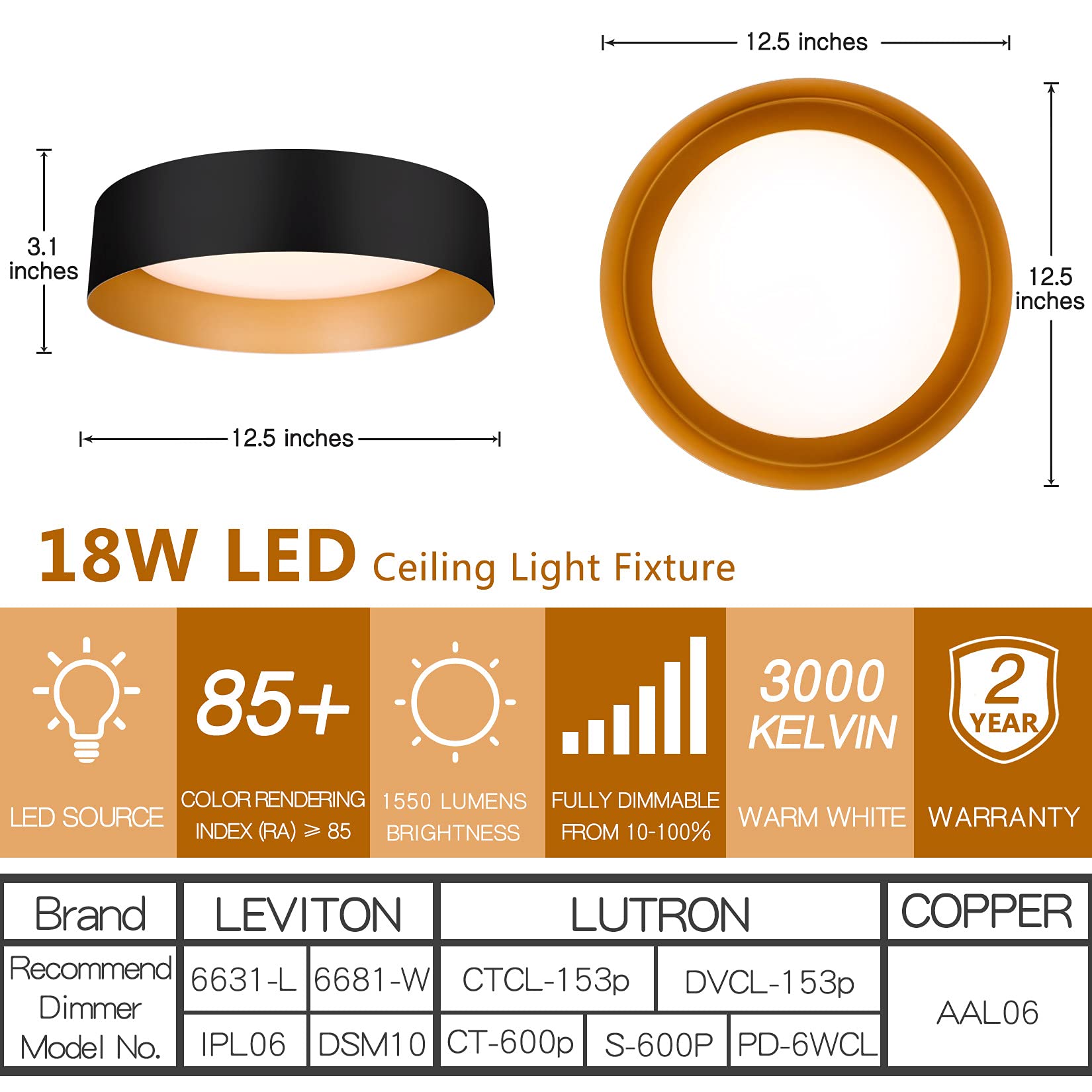 Bargeni Flush Mount Ceiling Light, 12.5 Inch, LED, Matte Black with Gold Inside, 18W, Dimmable, Model 21CL1003us-BG