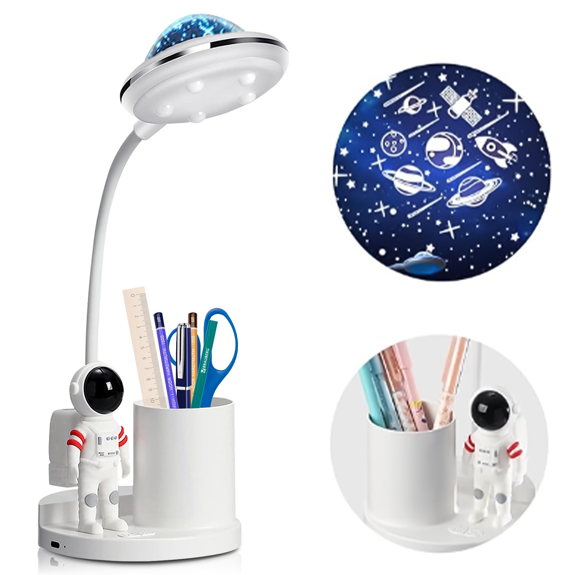Astronaut Desk Lamp for Kids,Star Space Projector Space Rocket Lamps,Astronauta Lights with Pen Holder,Step-Less Dimming Lightin