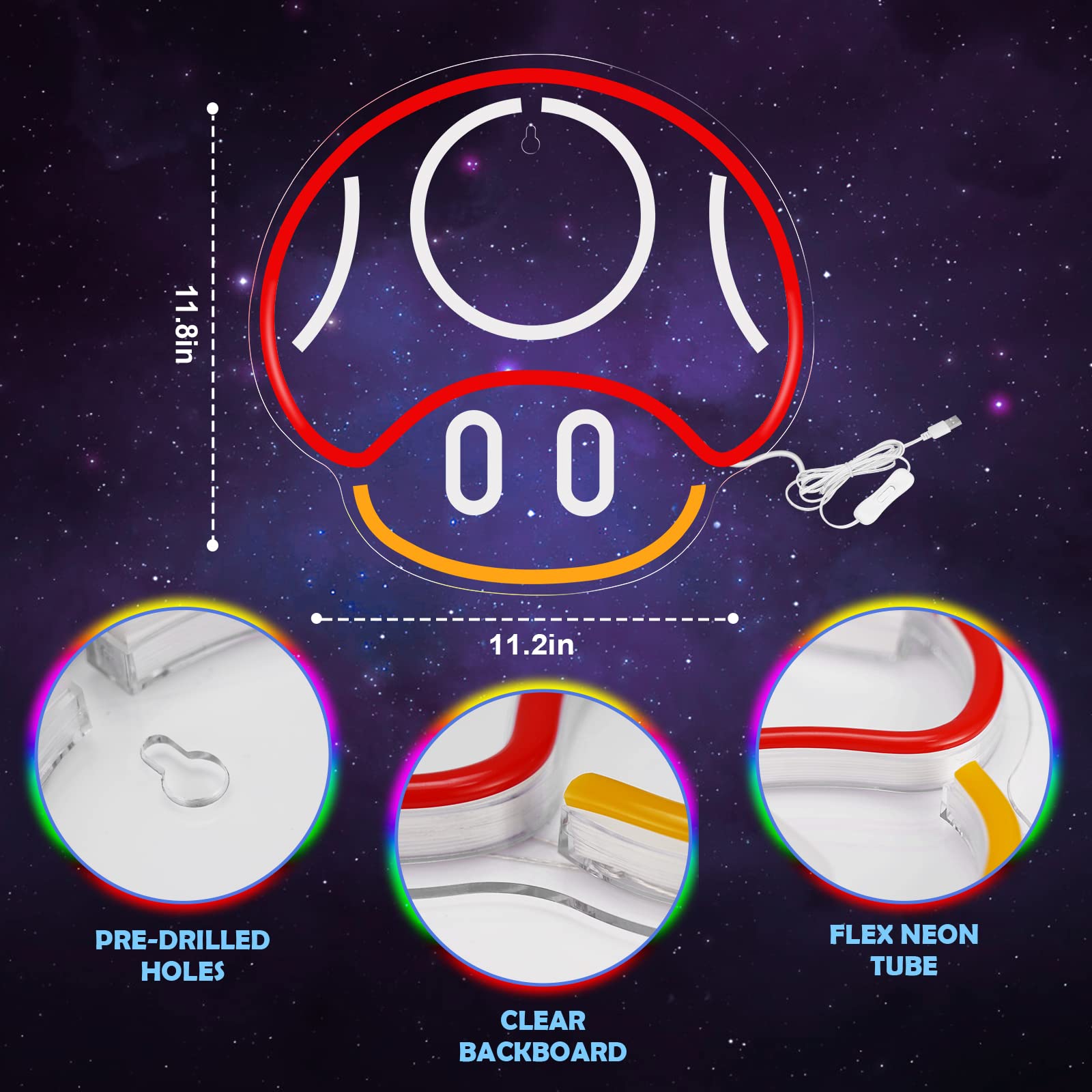 Kavaas Red Mushroom Neon Sign - Gaming Wall Decor For Game Room, Man Cave, Kids Gifts