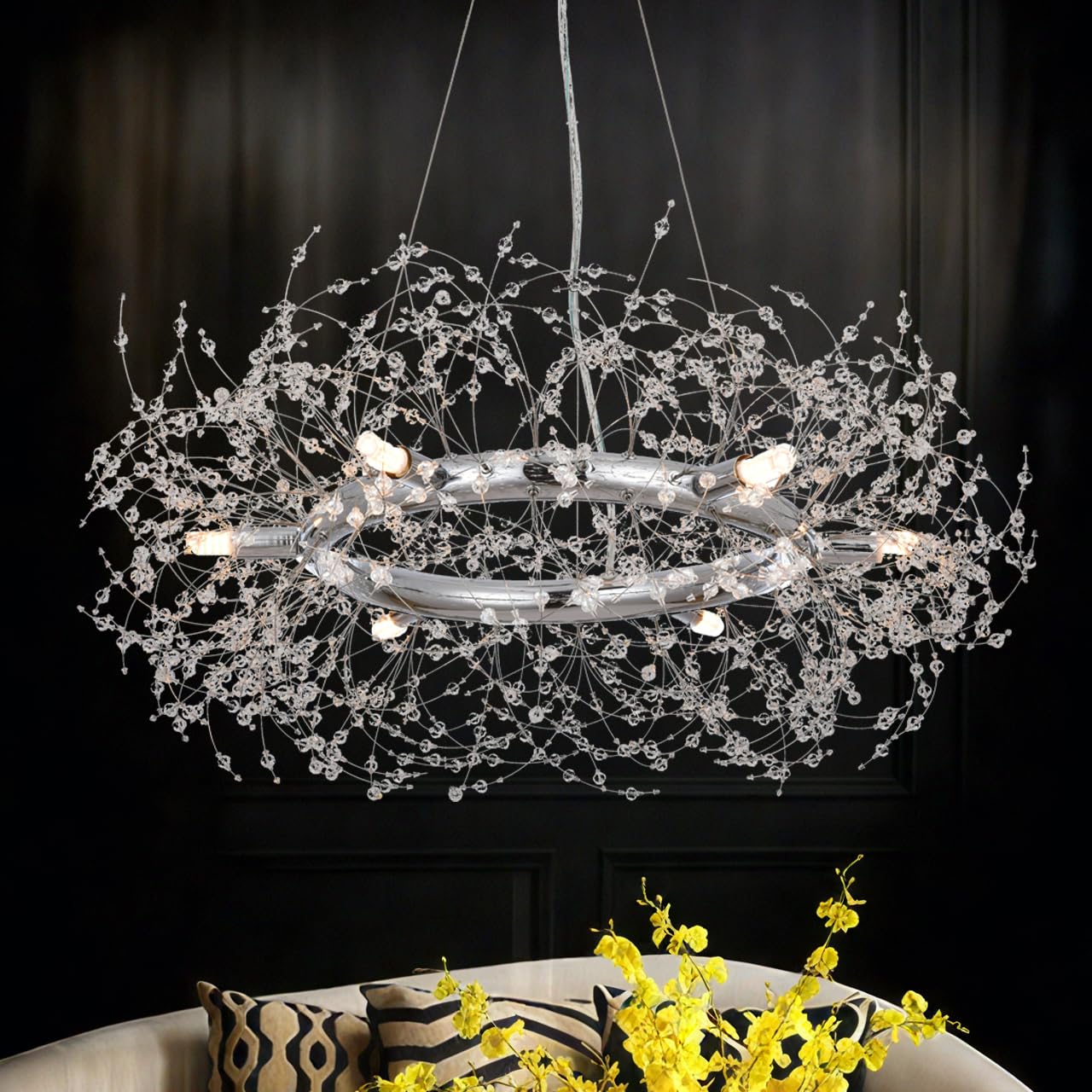 Silver Crystal Chandelier Firework,Modern Chrome Dining Room Light Fixture,Large Round Hanging Chandeliers for Master Bedroom Di