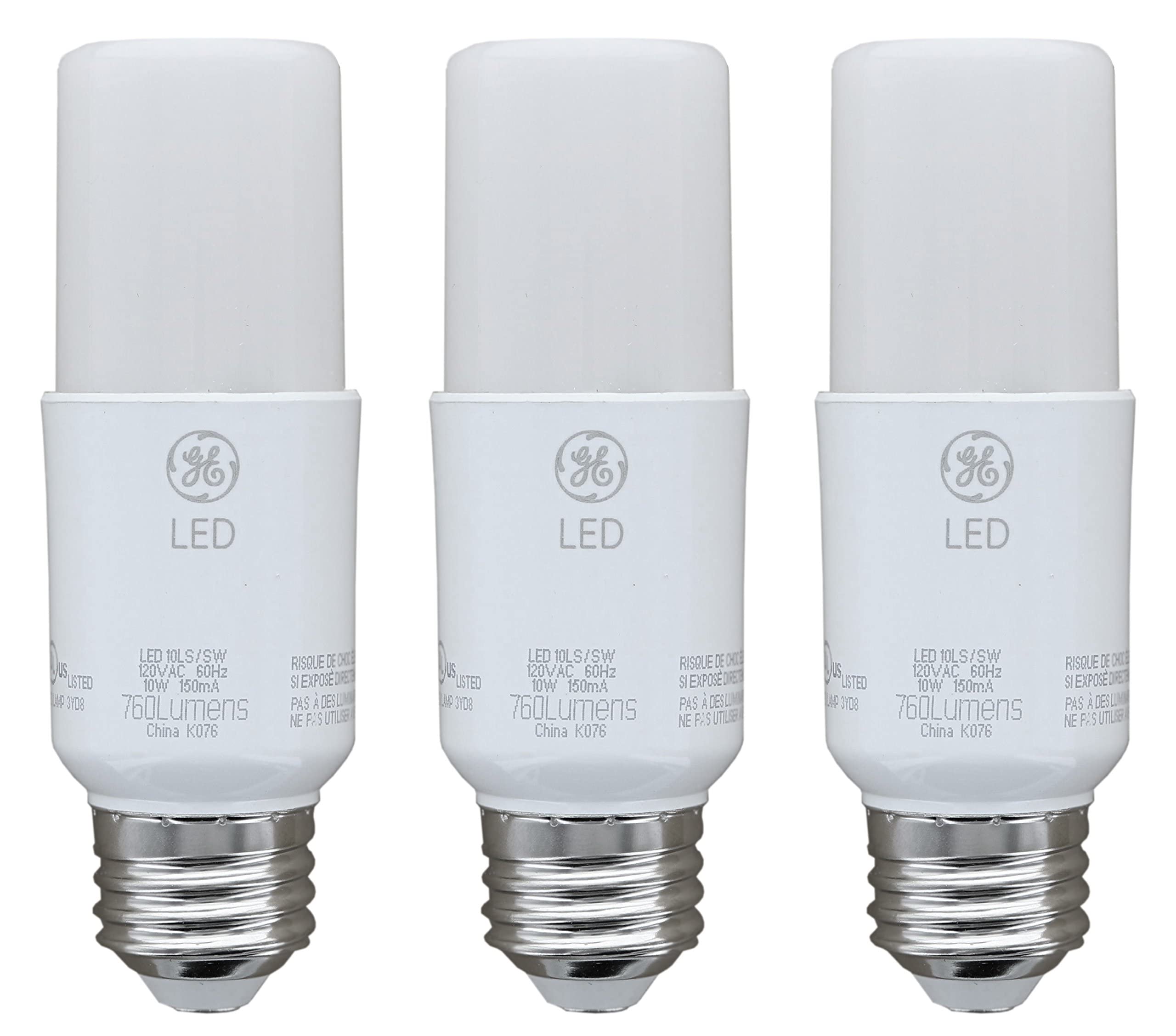 GE LED Bright Stik 10-Watt Light Bulb, Soft White, 760 Lumen, Non-Dimmable, 3 Count, Model 32282