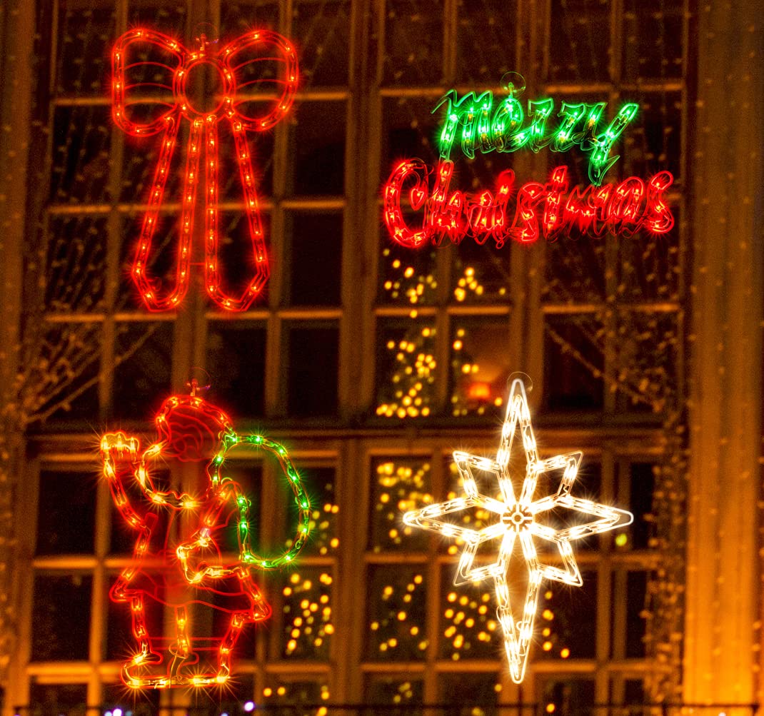 Lamphome 4 Pack Lighted Merry Christmas, Bethlehem Star,Bow,Santa Christmas Window Silhouette Lights Decorations For Christmas,Party,Home,Patio Lawn,Garden