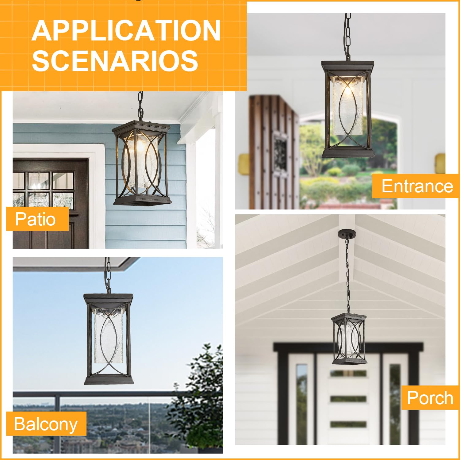 Delicavy Motion Outdoor Pendant Light, Black Aluminum Dusk To Dawn Ceiling Lantern For Porch